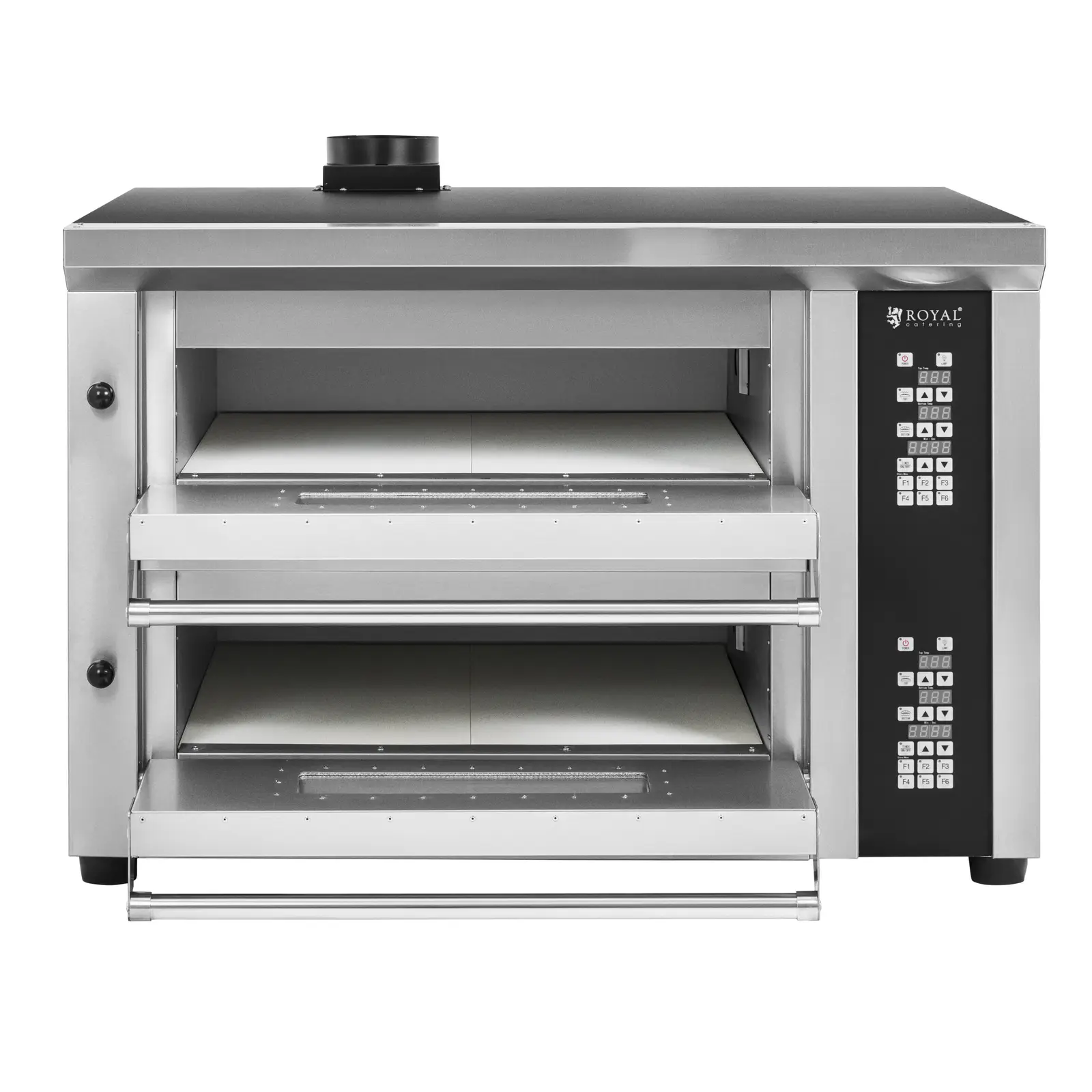 Elektrická pec na pizzu - 4+4 x 33 cm - 2 komory - 8 400 W - 400 V - digitální - šamot - Royal Catering (Skleněné okno: Ano)