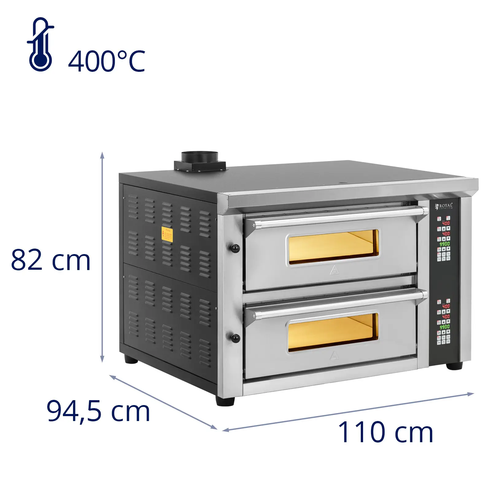 Elektrická pec na pizzu - 4+4 x 33 cm - 2 komory - 8 400 W - 400 V - digitální - šamot - Royal Catering (Doba nahřívání: 70 m)
