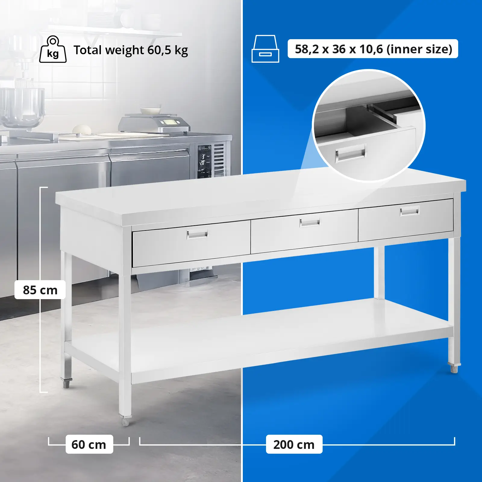 Table de travail en inox - 200 x 60 cm - 436 kg - 3 tiroirs - Royal Catering (Capacité de charge totale: 436 kg)