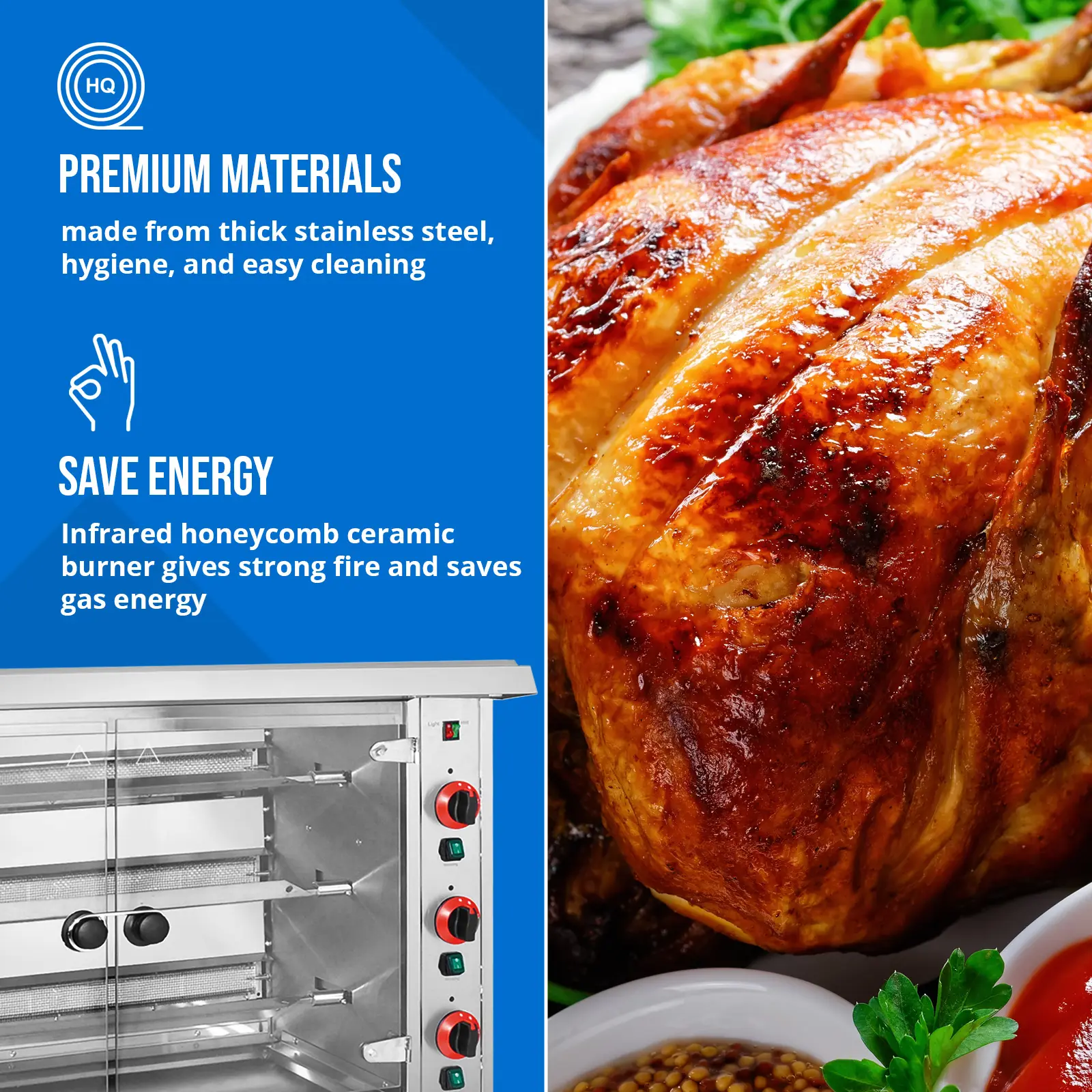 Rôtissoire poulet - à gaz - 3 broches - avec éclairage - Royal Catering (Puissance max.: 15 kW)