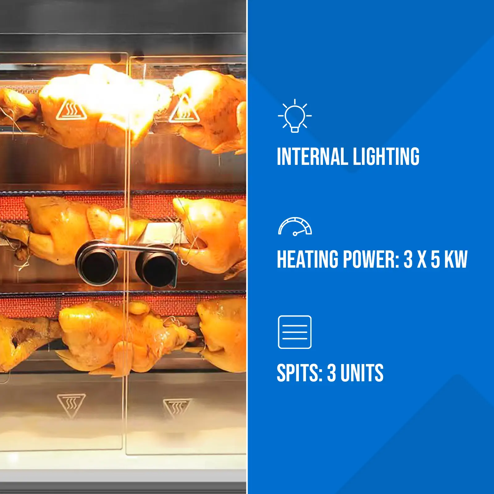 Rôtissoire poulet - à gaz - 3 broches - avec éclairage - Royal Catering (Pression max.: 50 mBar)