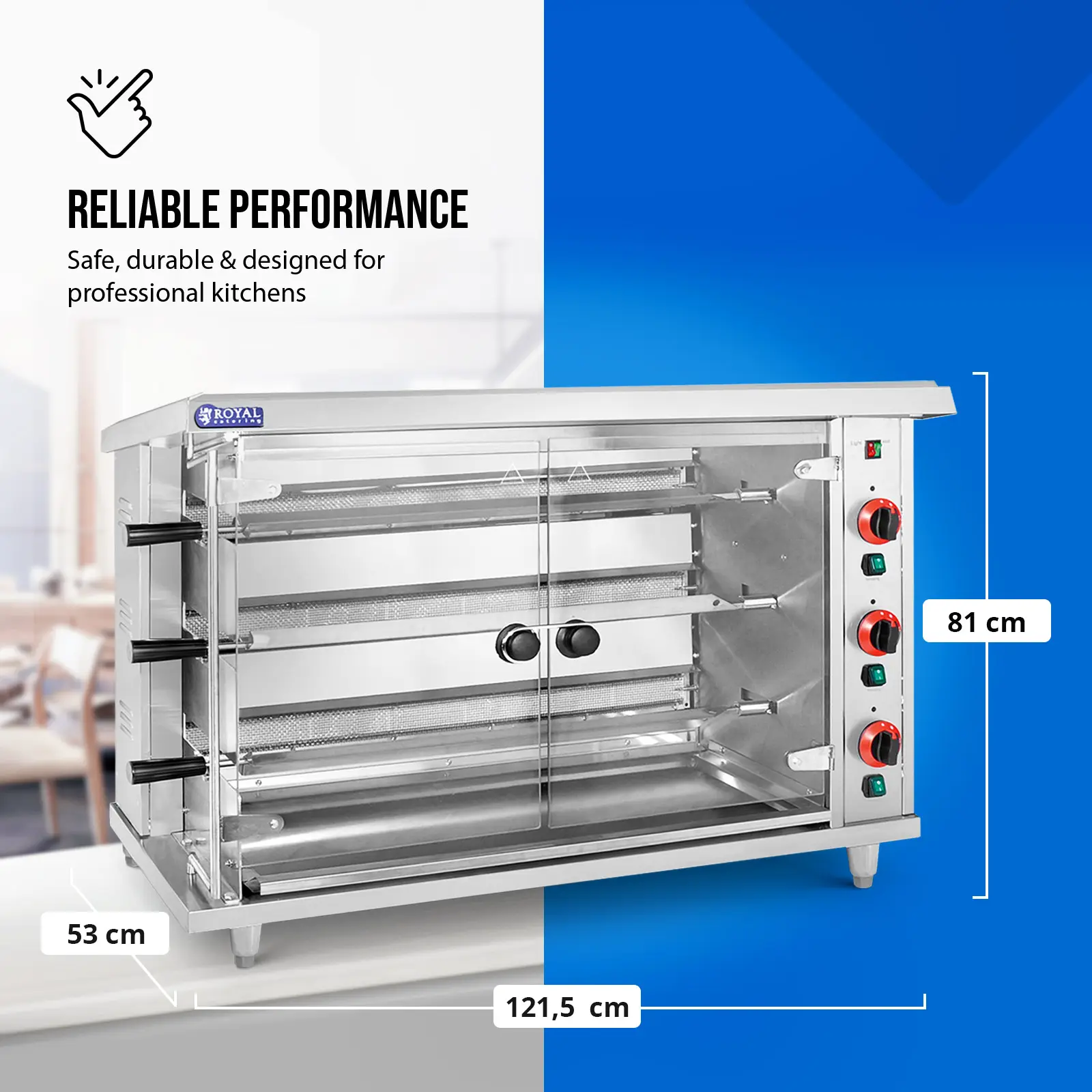Rôtissoire poulet - à gaz - 3 broches - avec éclairage - Royal Catering (Matériau(x): Verre trempé)
