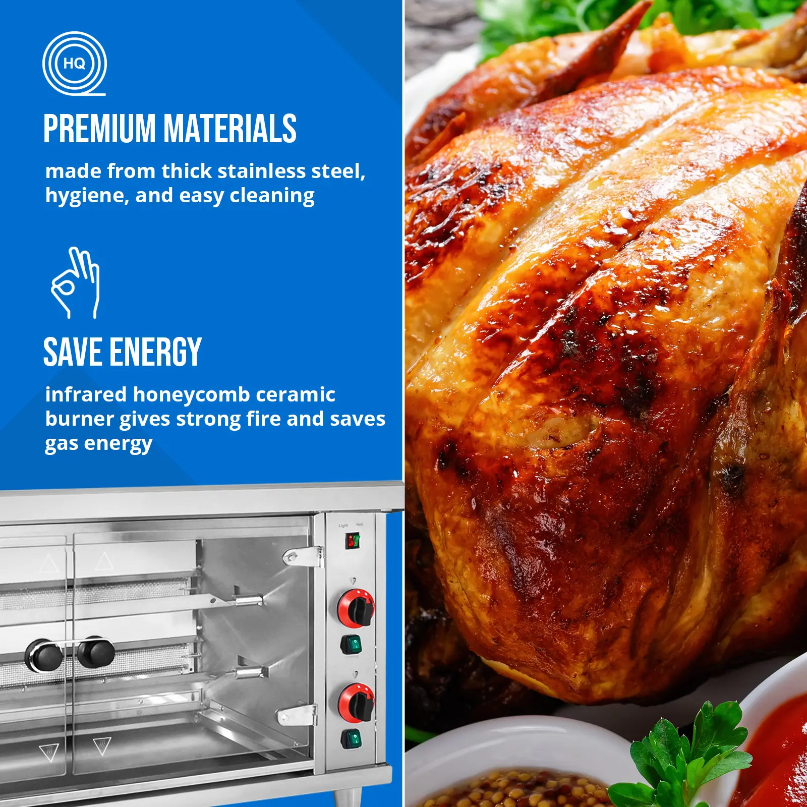 Rôtissoire poulet - à gaz - 2 broches - avec éclairage - Royal Catering (Puissance max.: 10 kW)