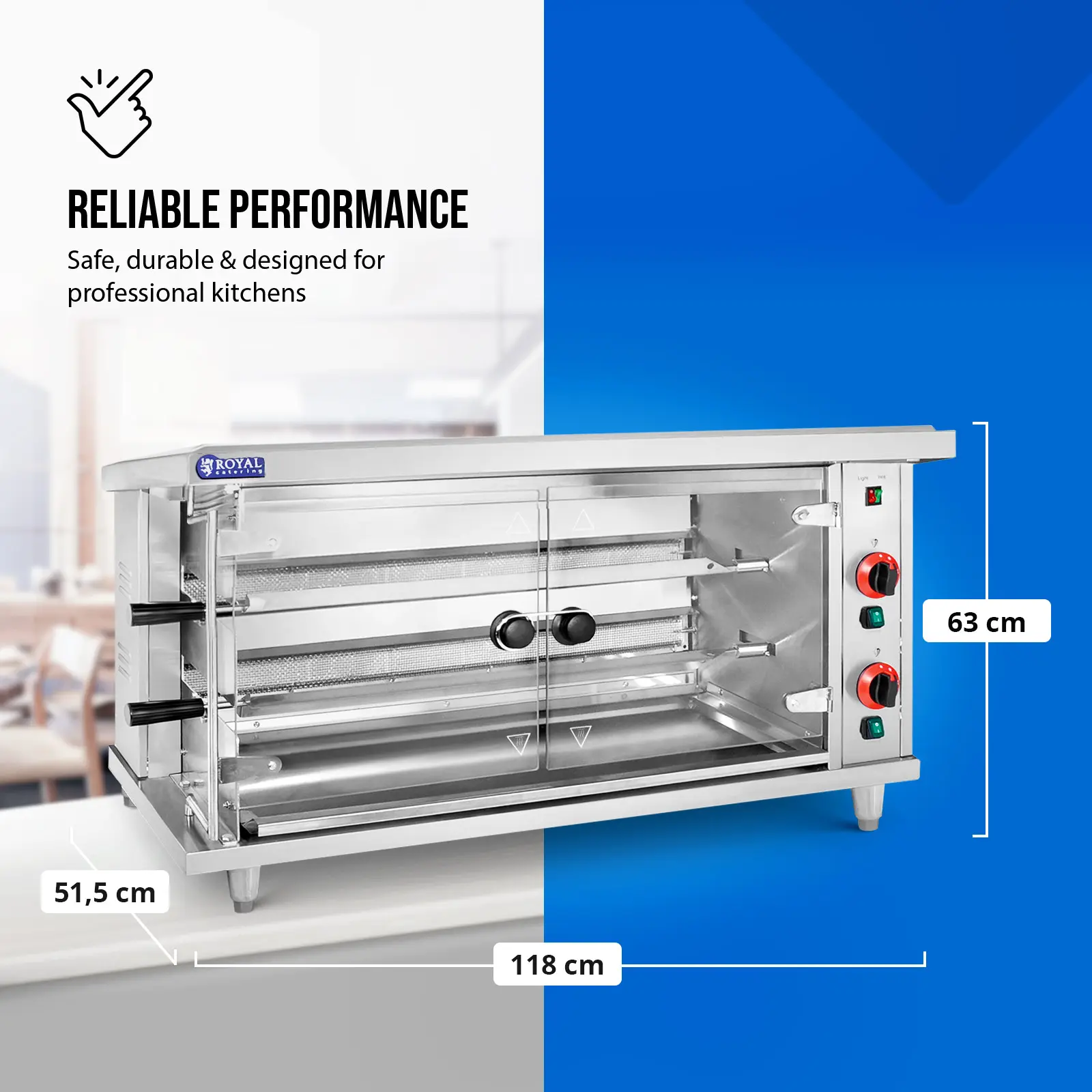 Rôtissoire poulet - à gaz - 2 broches - avec éclairage - Royal Catering (Matériau(x): Verre trempé)