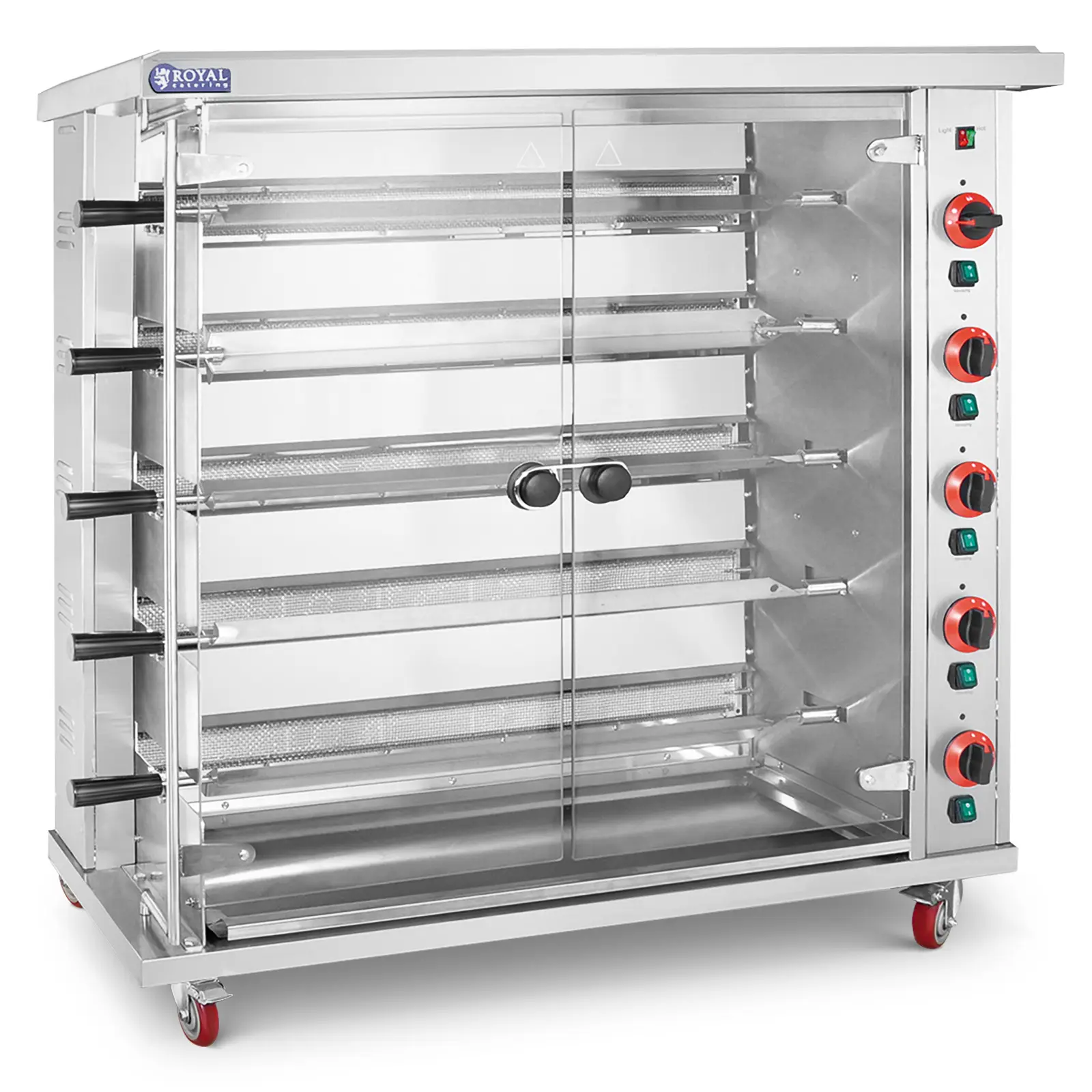 Rôtissoire poulet - à gaz - 5 broches - avec éclairage et roues - Royal Catering
