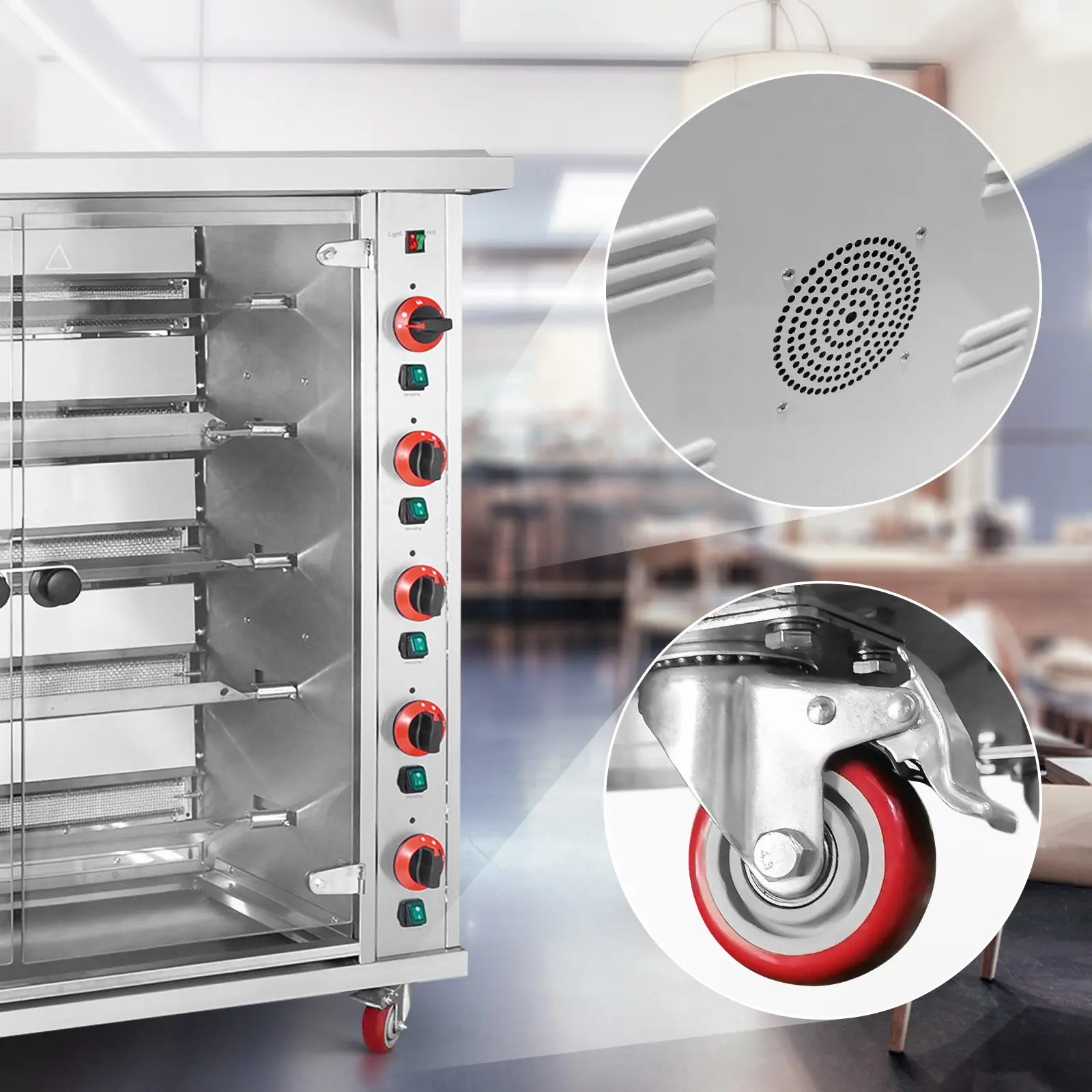  Plynový gril na kuřata - 5 rožňů - s osvětlením a kolečky - Royal Catering (Druh plynu: Propan-butan)