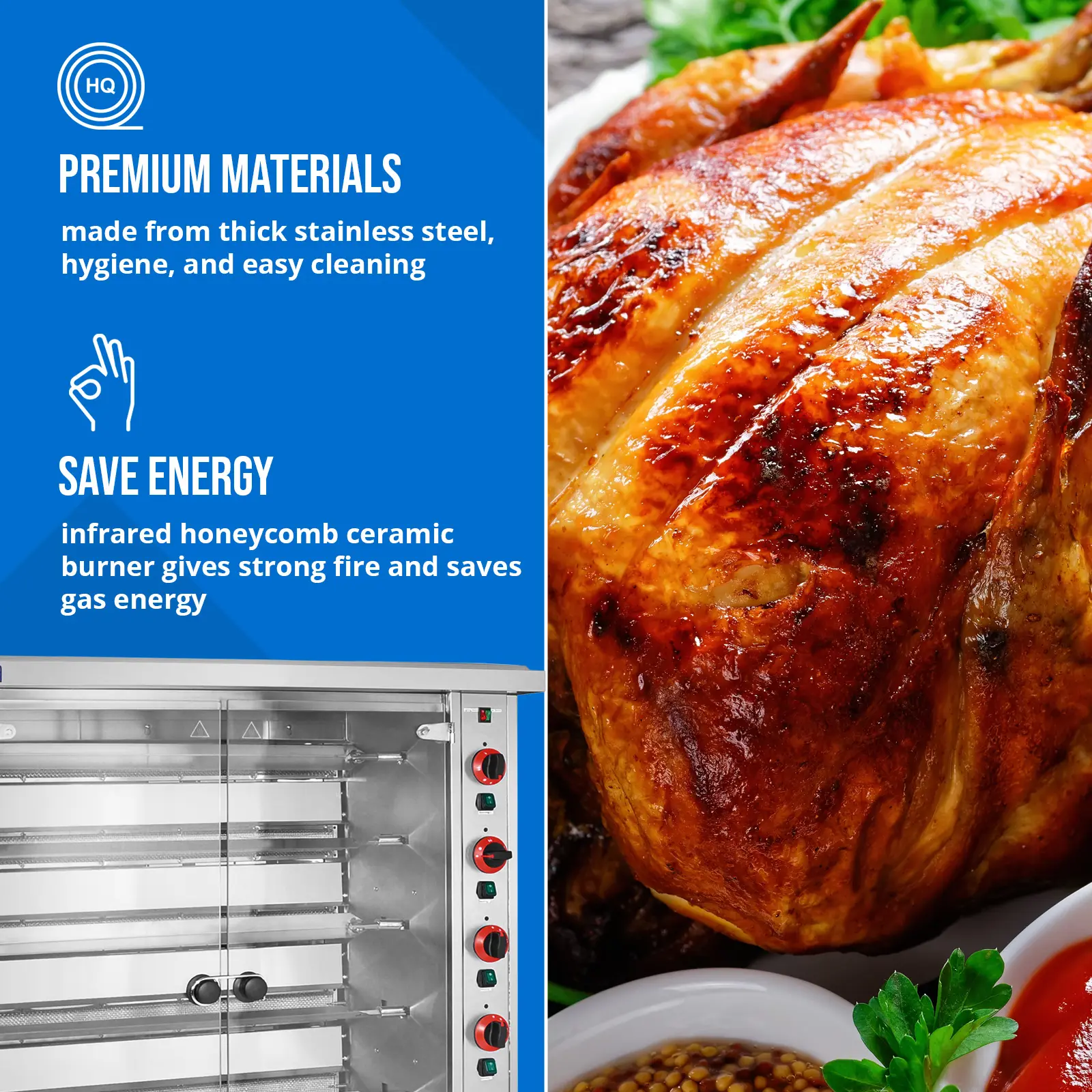 Rôtissoire poulet - à gaz - 6 broches - avec éclairage et roues - Royal Catering (Puissance max.: 30 kW)