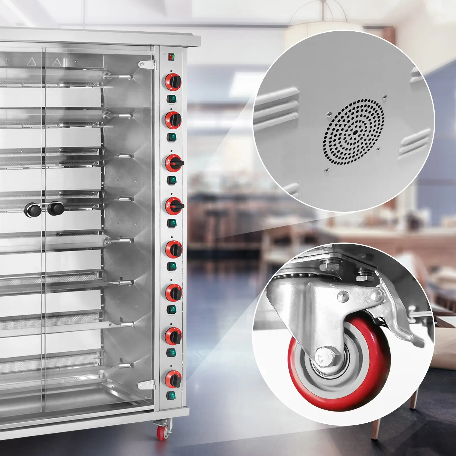  Plynový gril na kuřata - 8 špízů - s osvětlením a kolečky - Royal Catering (Druh plynu: Propan-butan)