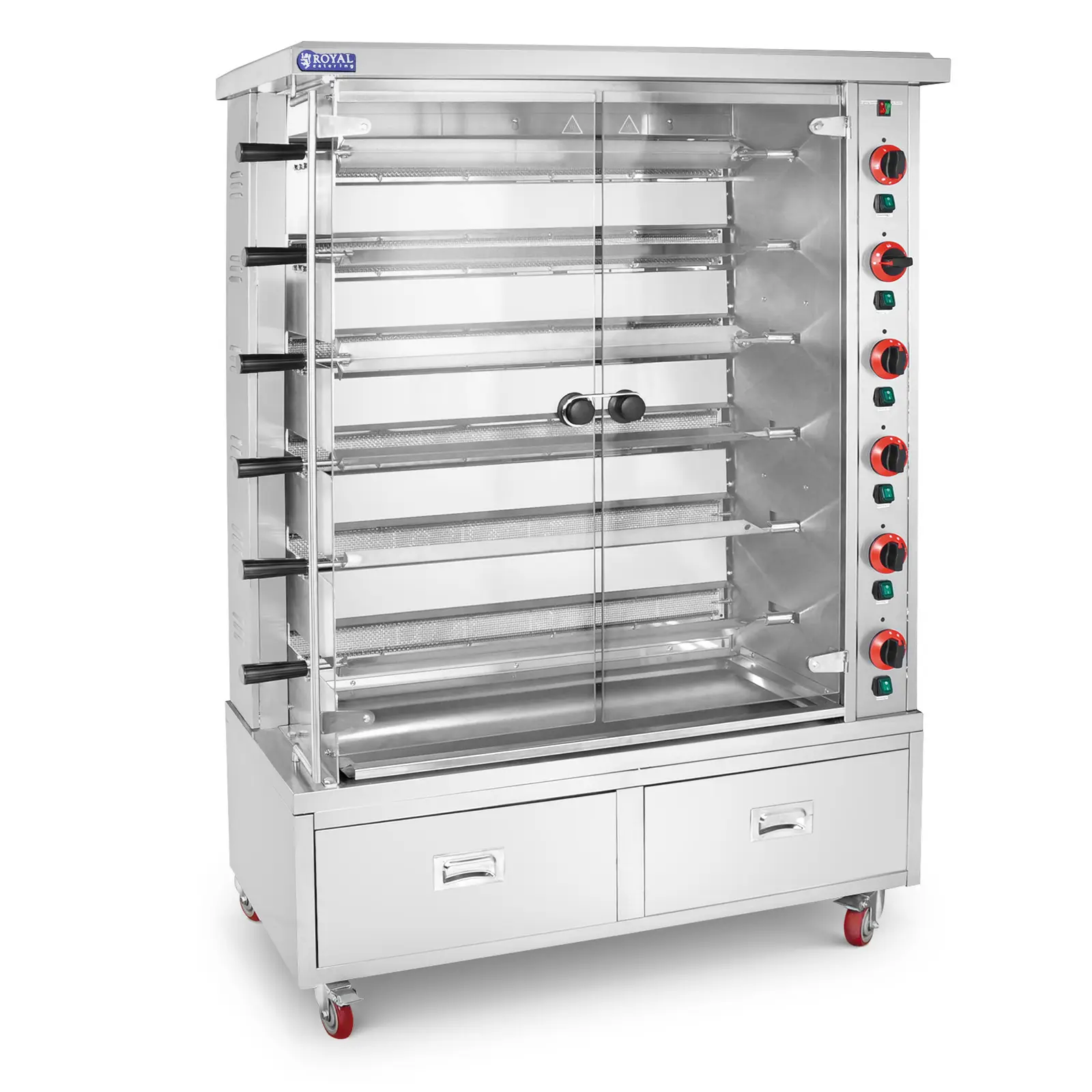  Kippengrill gas - 6 spiesen - met verlichting, wielen & 2 lades - Royal Catering