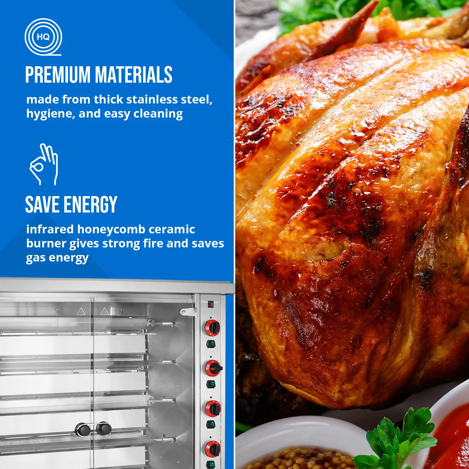  Kippengrill gas - 6 spiesen - met verlichting, wielen & 2 lades - Royal Catering (Max. vermogen: 30 kW)