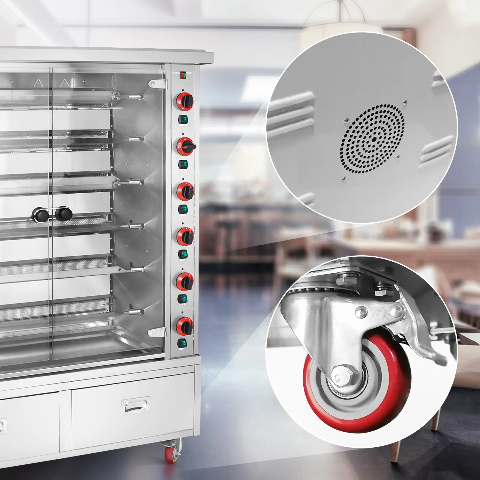  Kippengrill gas - 6 spiesen - met verlichting, wielen & 2 lades - Royal Catering (Gas type: Propaangas)