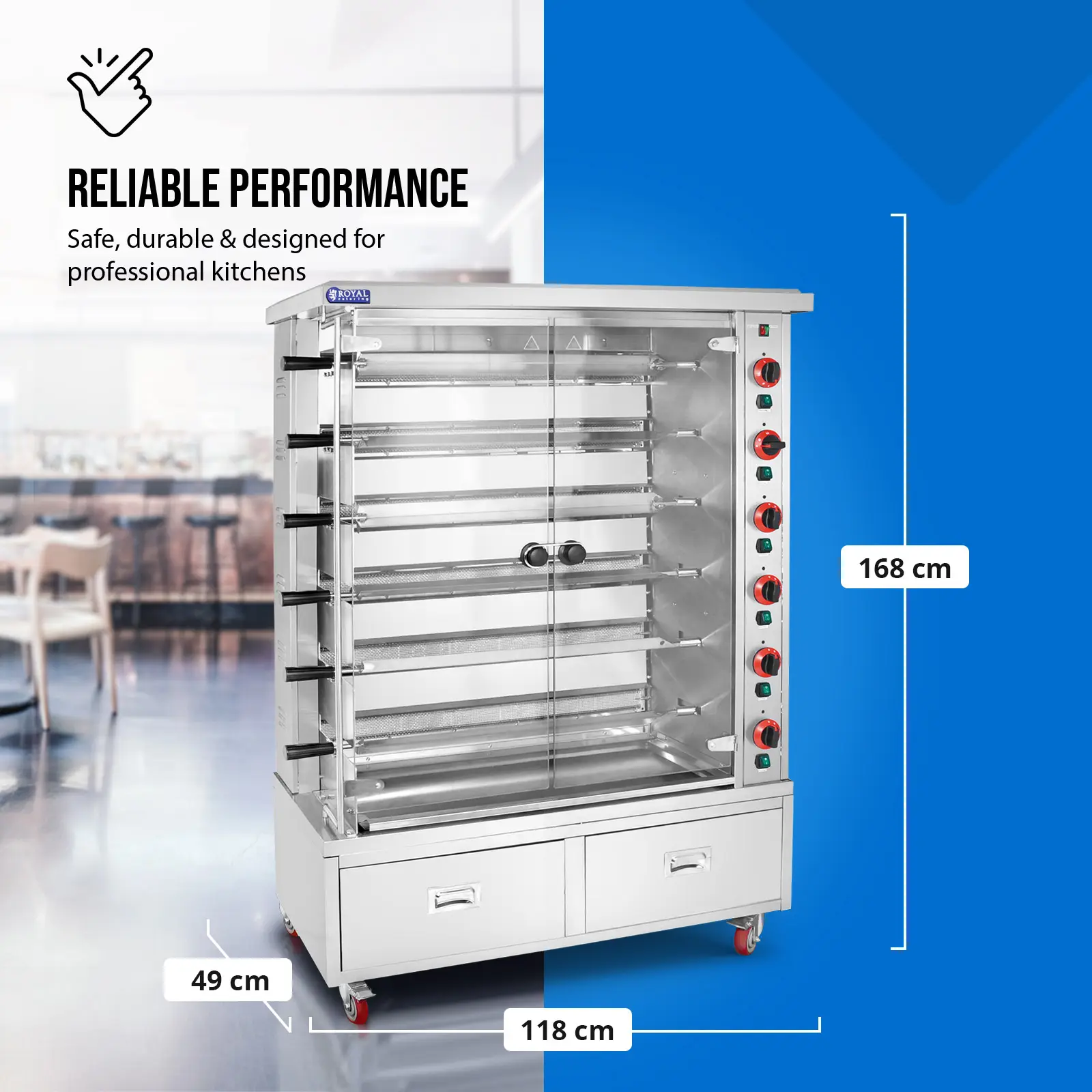  Kippengrill gas - 6 spiesen - met verlichting, wielen & 2 lades - Royal Catering (Brandervermogen [kW]: 6x 5)