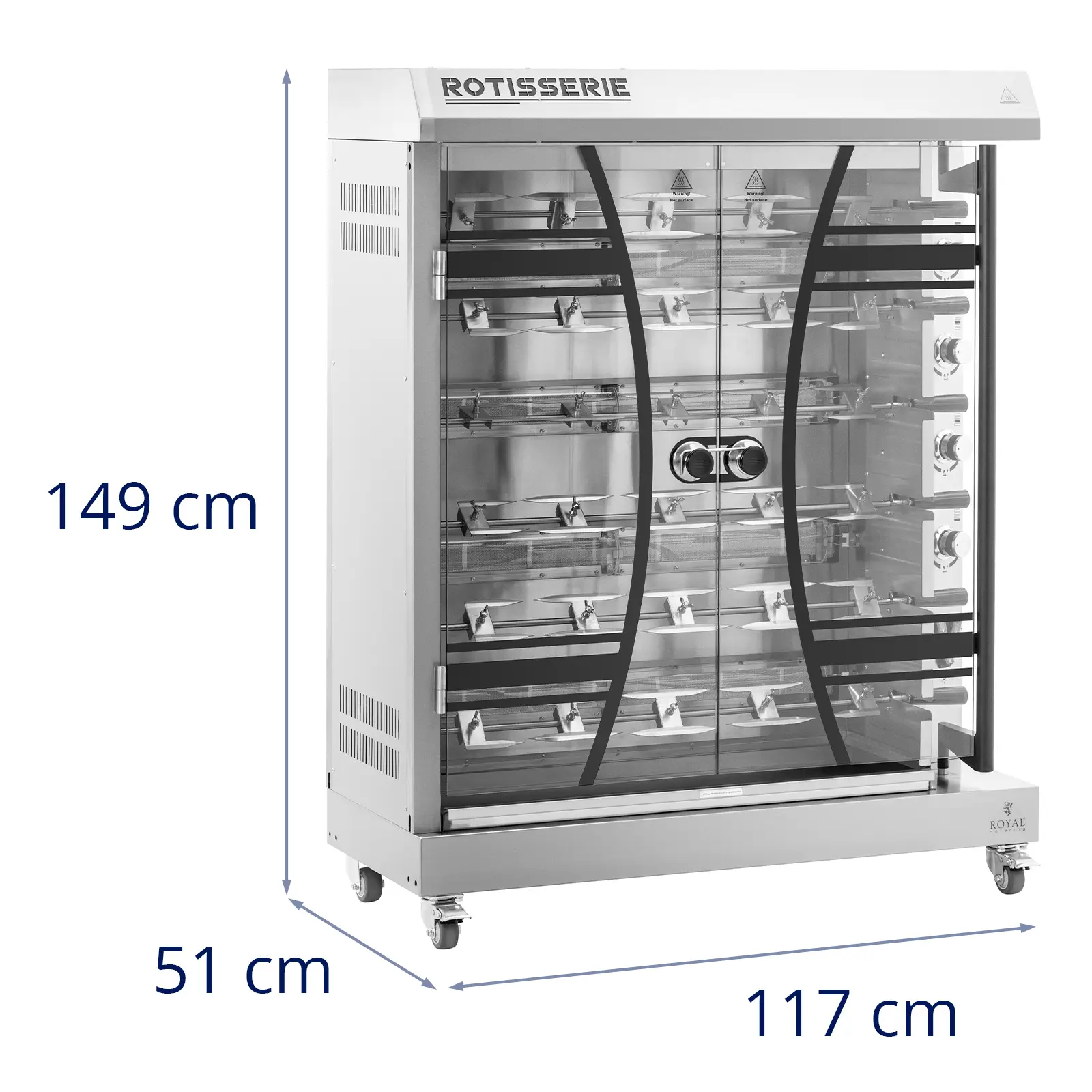 Plynový gril na kuřata - 6 špízů pro 36 kuřat - s osvětlením a kolečky - Royal Catering (Napětí [V]: 230)