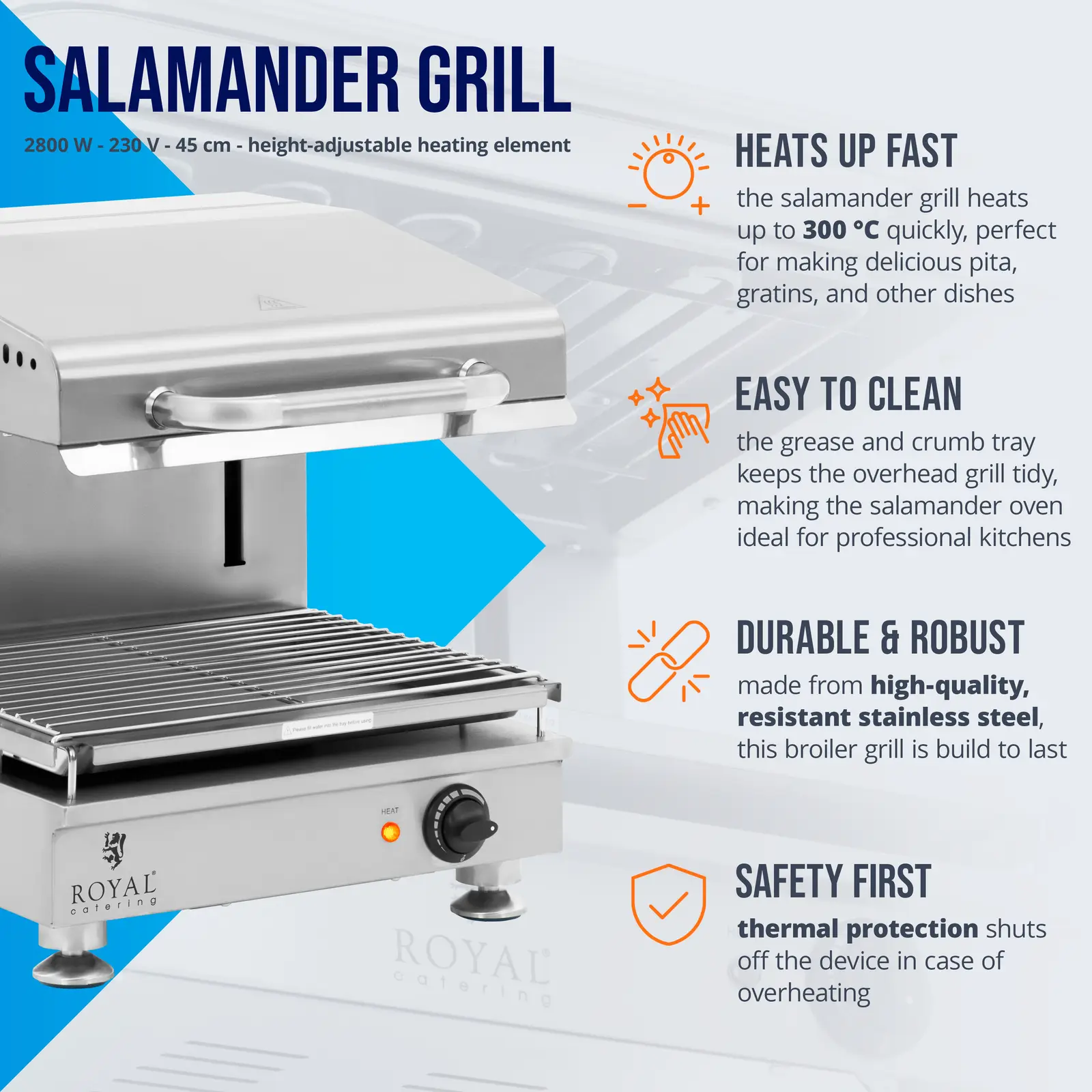 Gril salamander - 2 800 W - 230 V - 45 cm - výškově nastavitelný ohřev - Royal Catering (Počet roštů: 1)