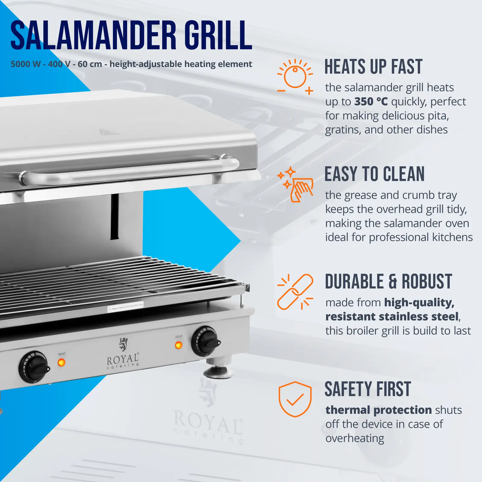 Gril salamander - 5 000 W - 400 V - 60 cm - výškově nastavitelný ohřev - Royal Catering (Počet roštů: 1)