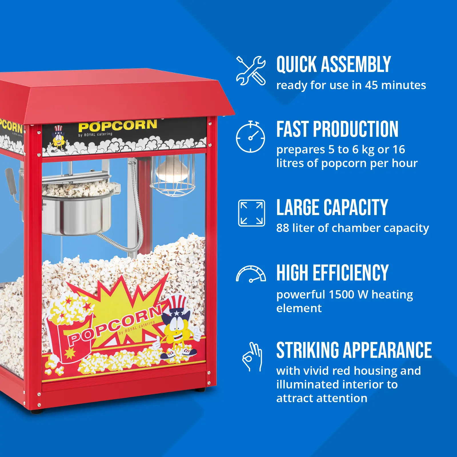 Popcorn machine - 1500 W - 5kg/h - red - Royal Catering (Light: Yes)