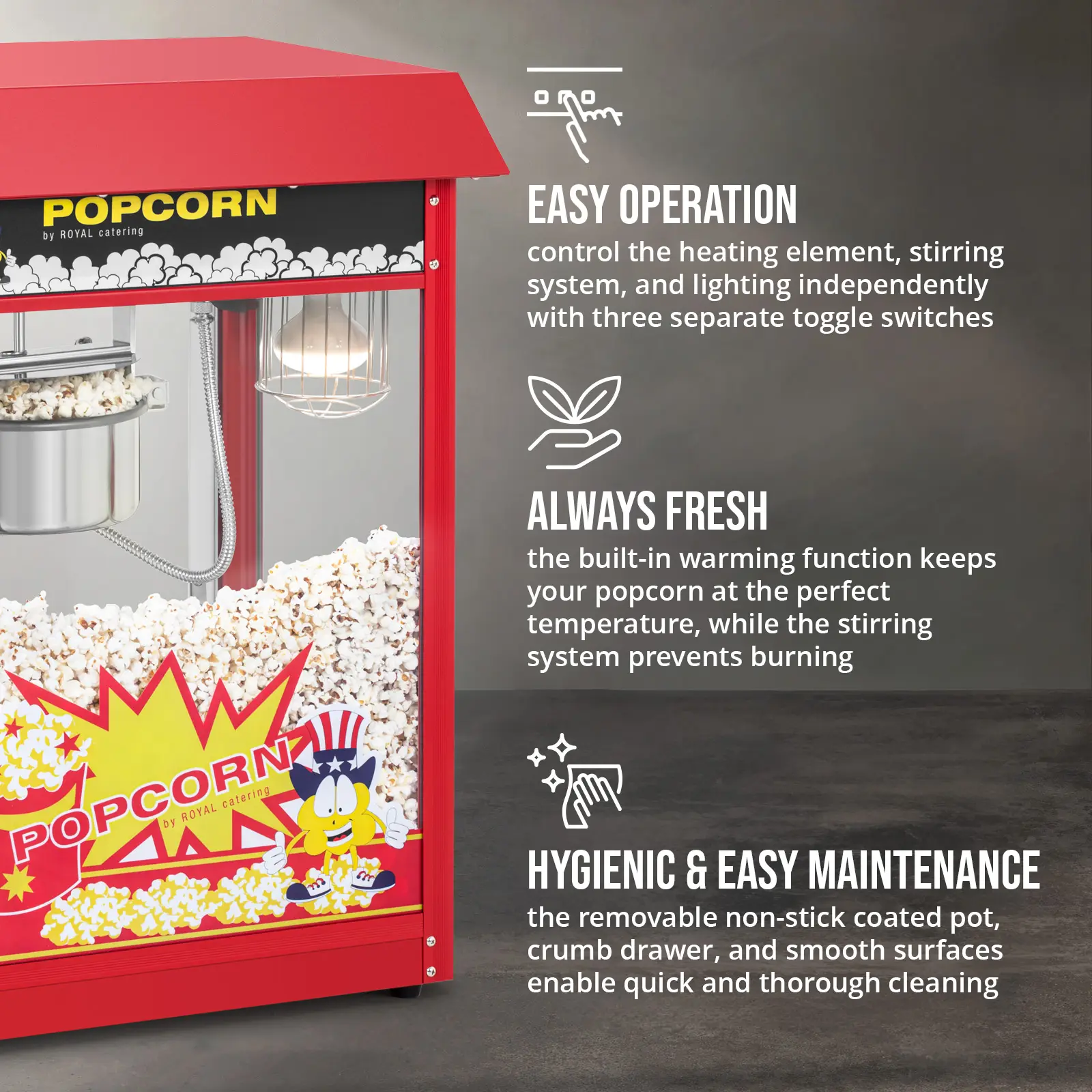 Popcorn machine - 1500 W - 5kg/h - red - Royal Catering (Crumbs drawer: Yes)