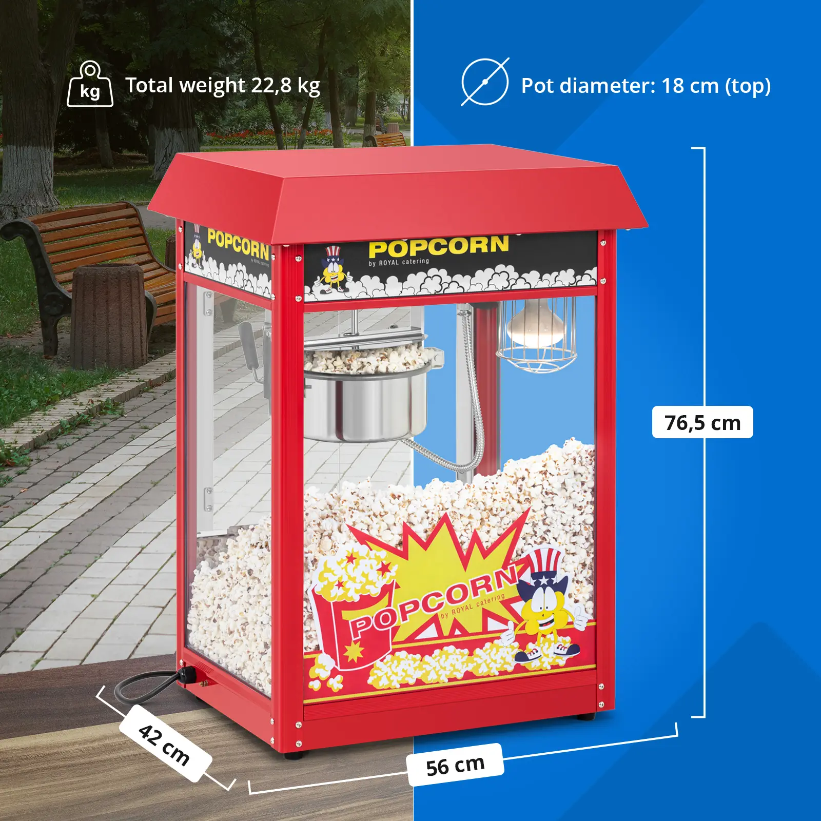 Popcorn machine - 1500 W - 5kg/h - red - Royal Catering (Heated storage: Yes)