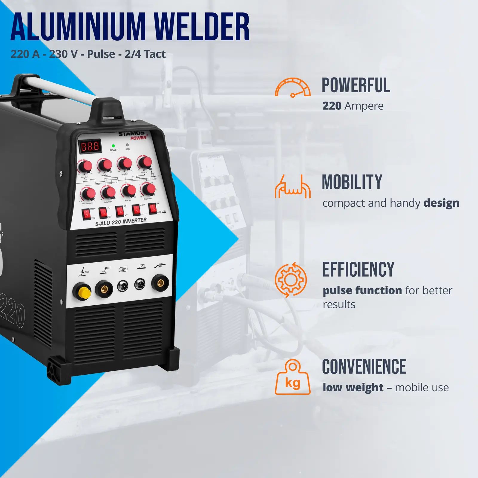 Máquina de soldar de alumínio - 220 A - 230 V - Impulsos - 2/4 tempos