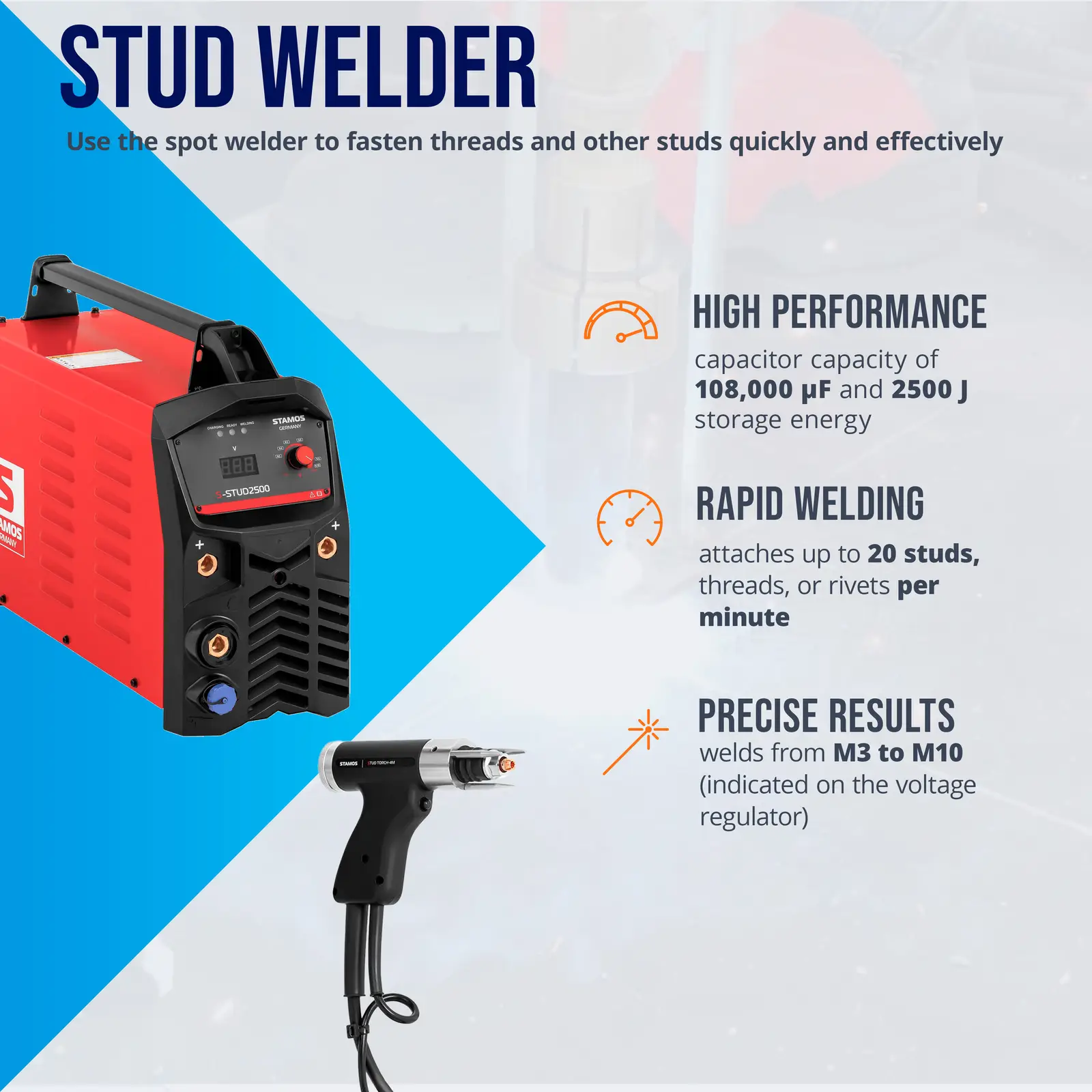 Stud Welder S-STUD2500: Highly efficient welding, 2500 J energy storage, 108000 μF capacity