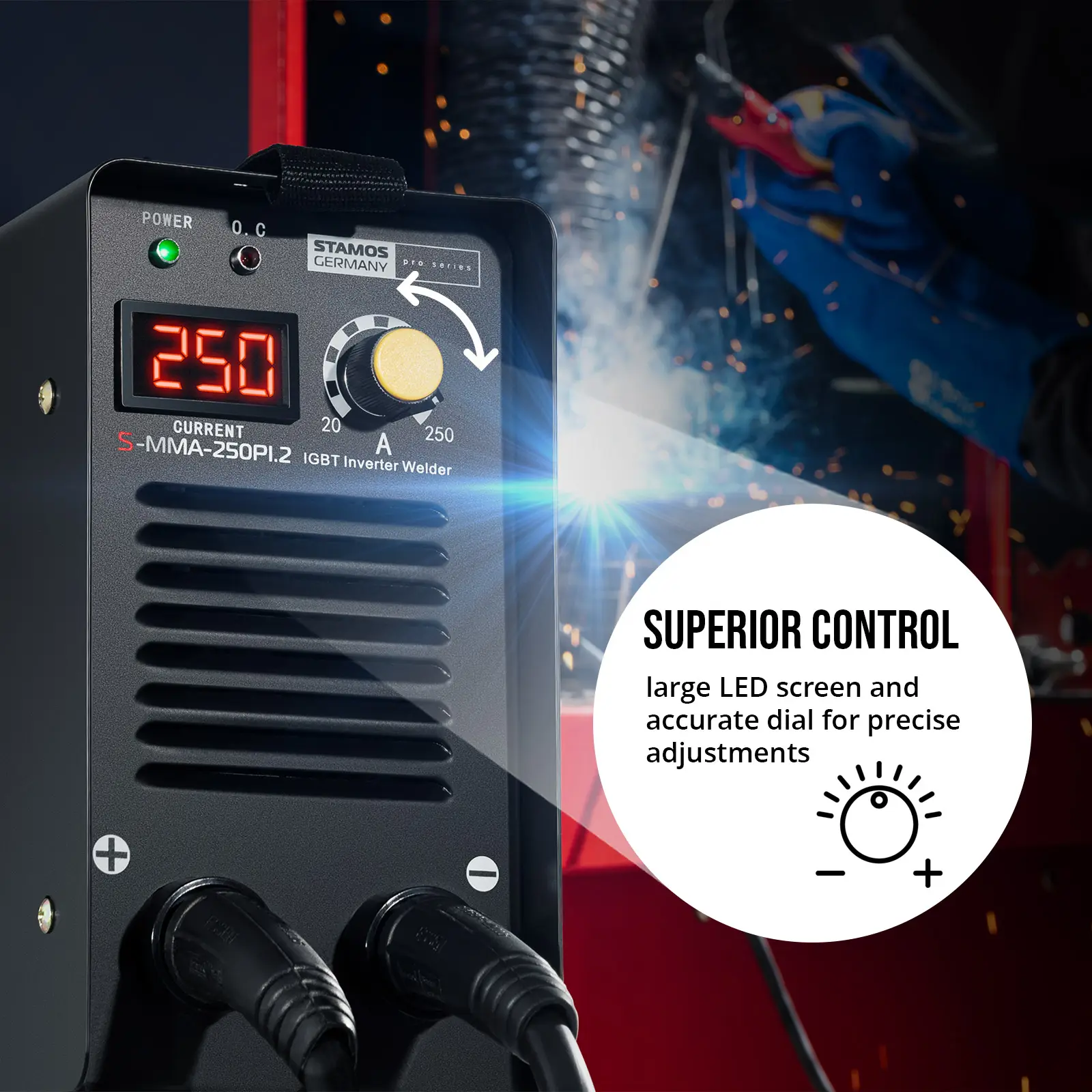 Elektrodová svářečka - 250 A - 8m kabel - Hot Start - PRO (Arc Force: Ne)
