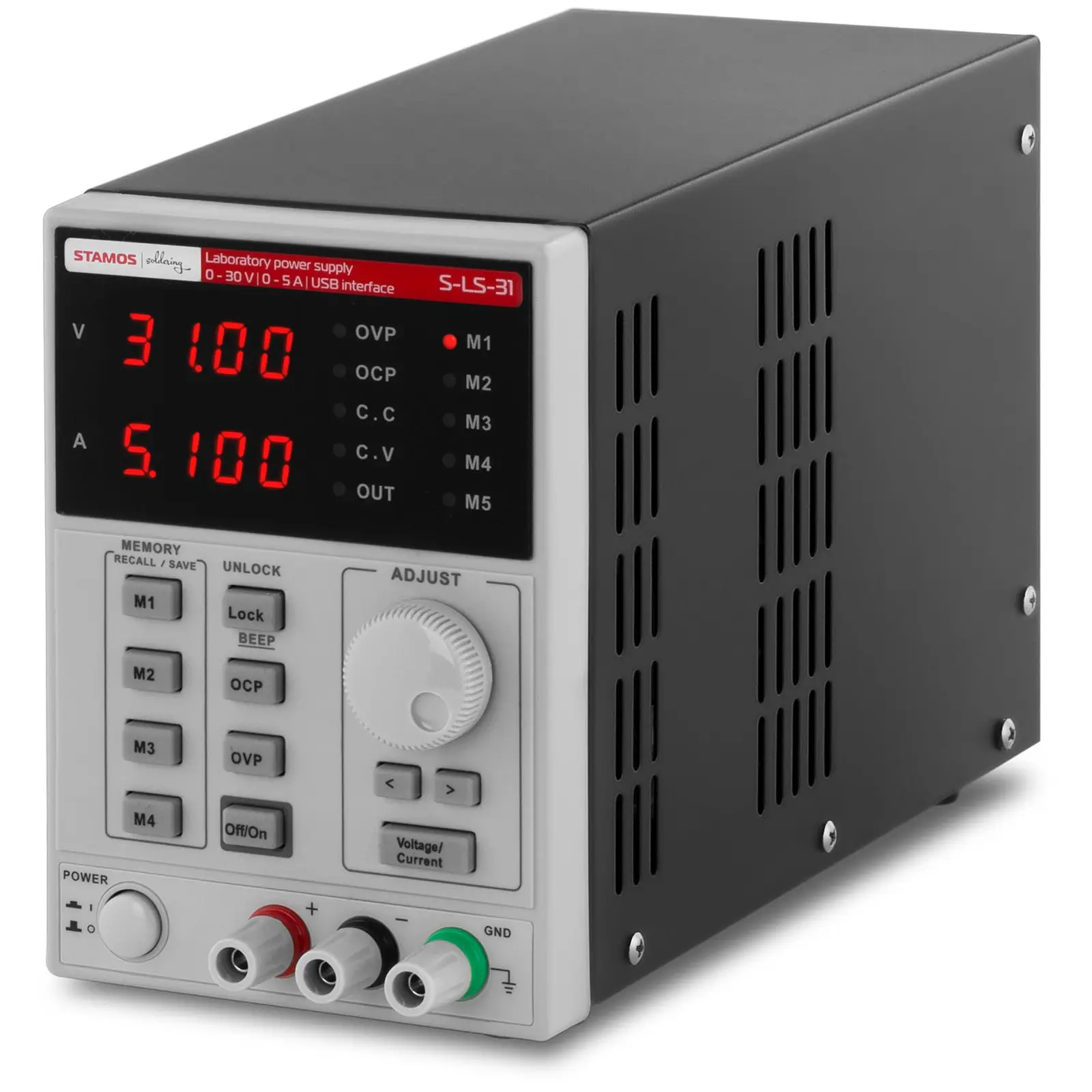 Fuente de alimentación para laboratorio - 0-30 V, 0-5 A DC, 250 W - USB - 4 posiciones de memoria