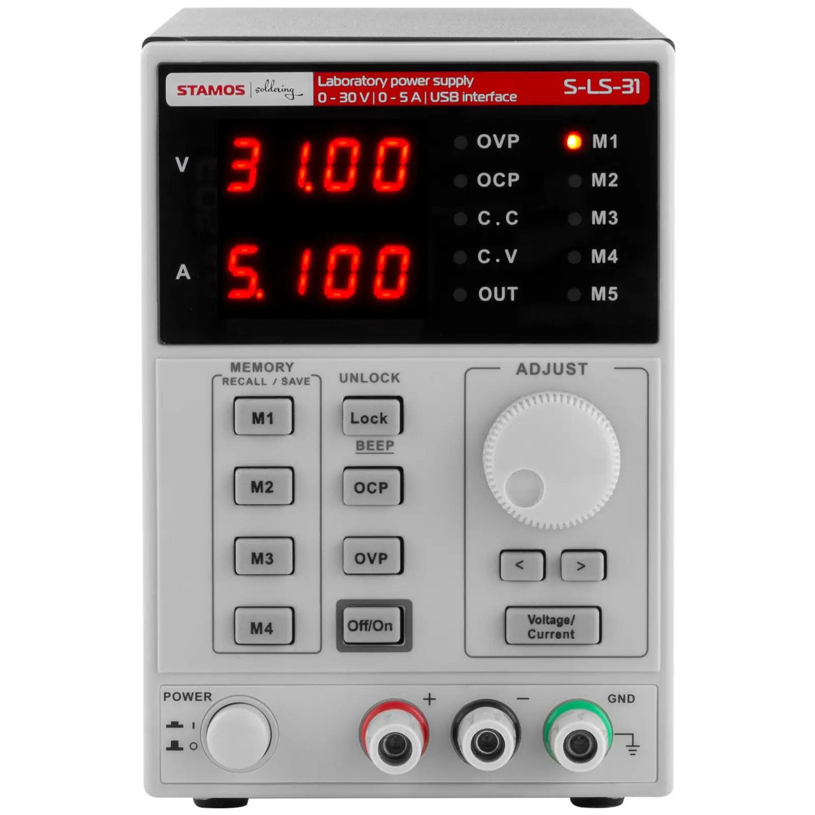 Laboratoriestrømforsyning – 0–30 V, 0–5 A DC, 250 Watt – USB – 4 minneplasser