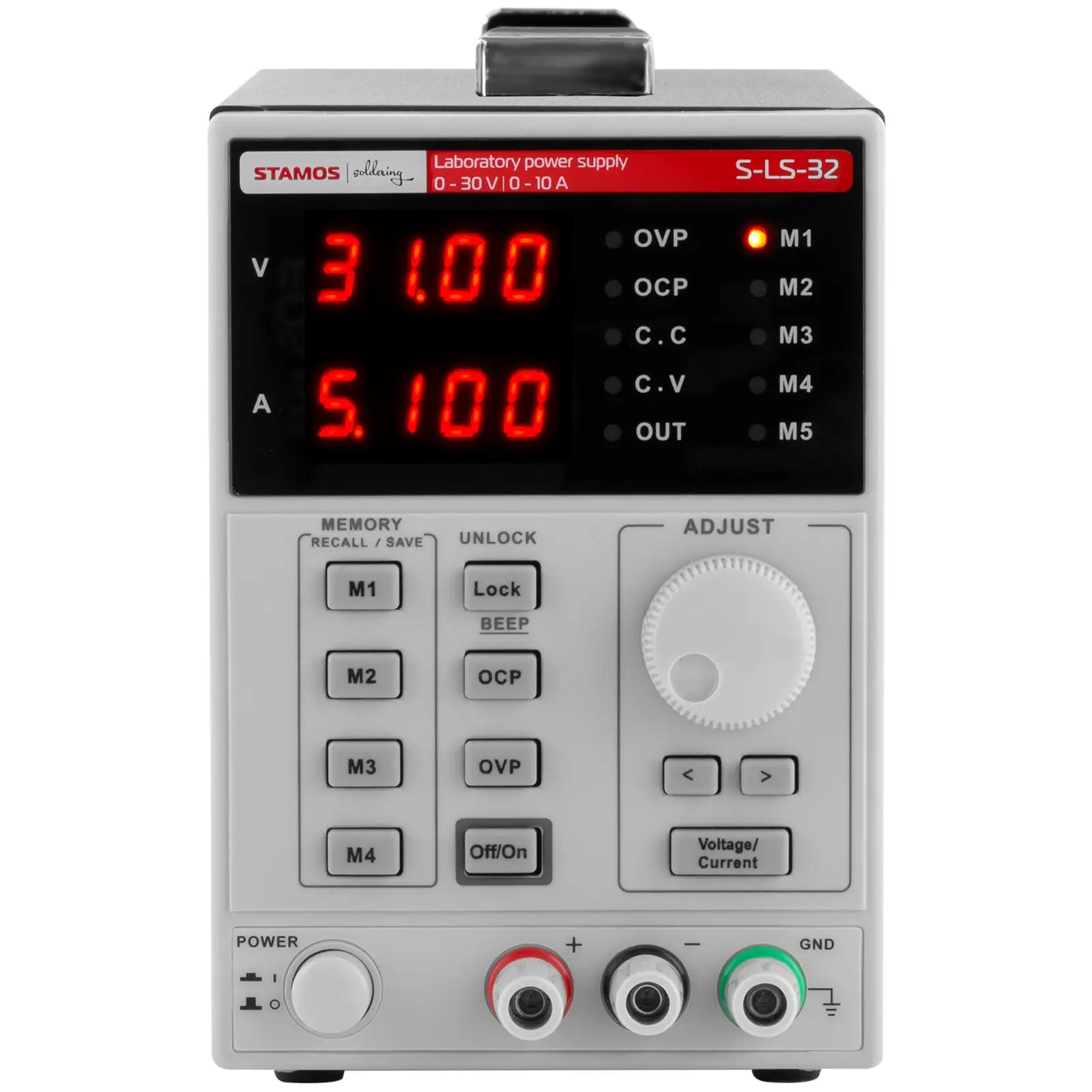 Laboratoriestrømforsyning – 0–30 V, 0–10 A DC, 550 Watt – 4 minneplasser