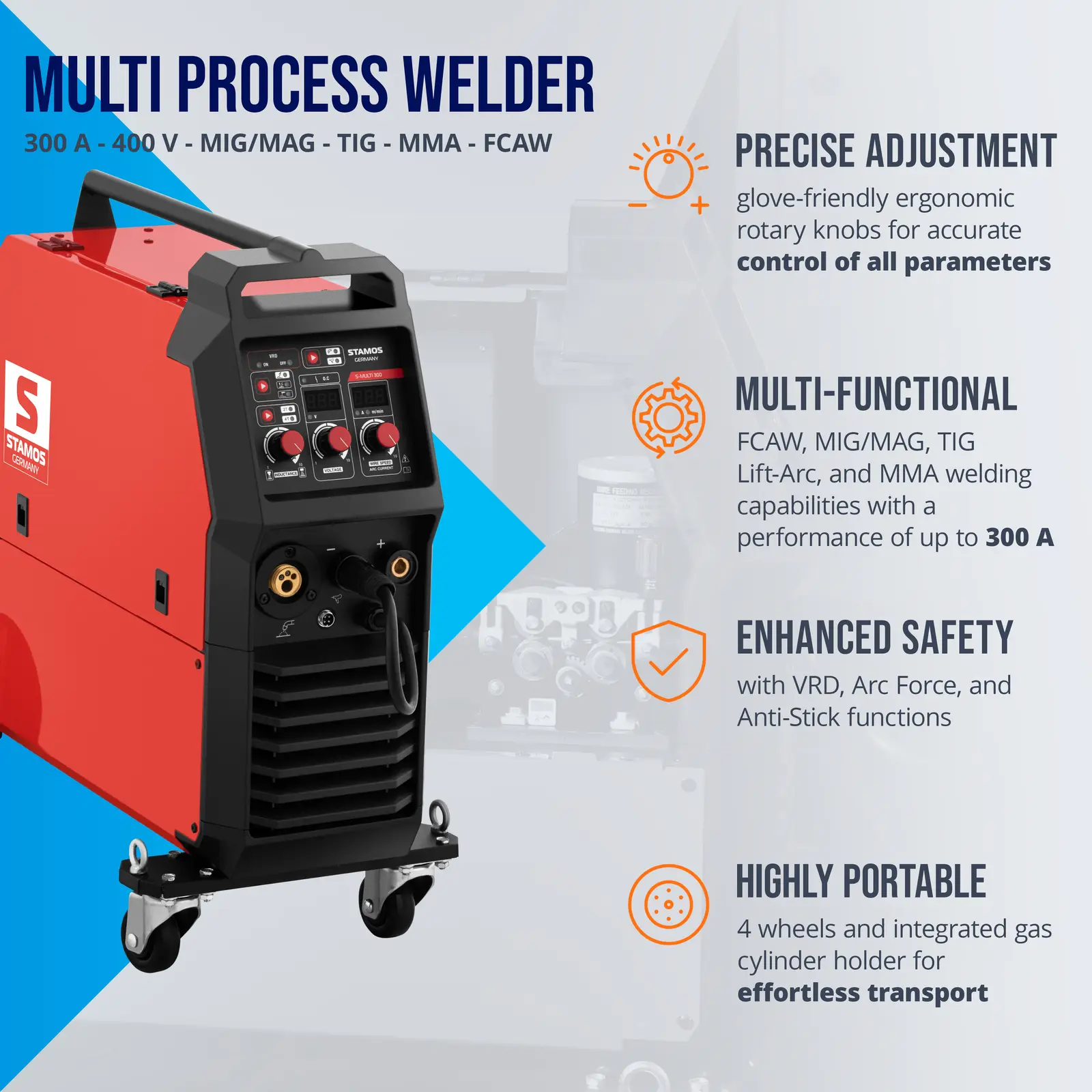 Poste à souder combiné - 300 A - 400 V - MIG/MAG - TIG - MMA - FCAW (Arc Force: Oui)