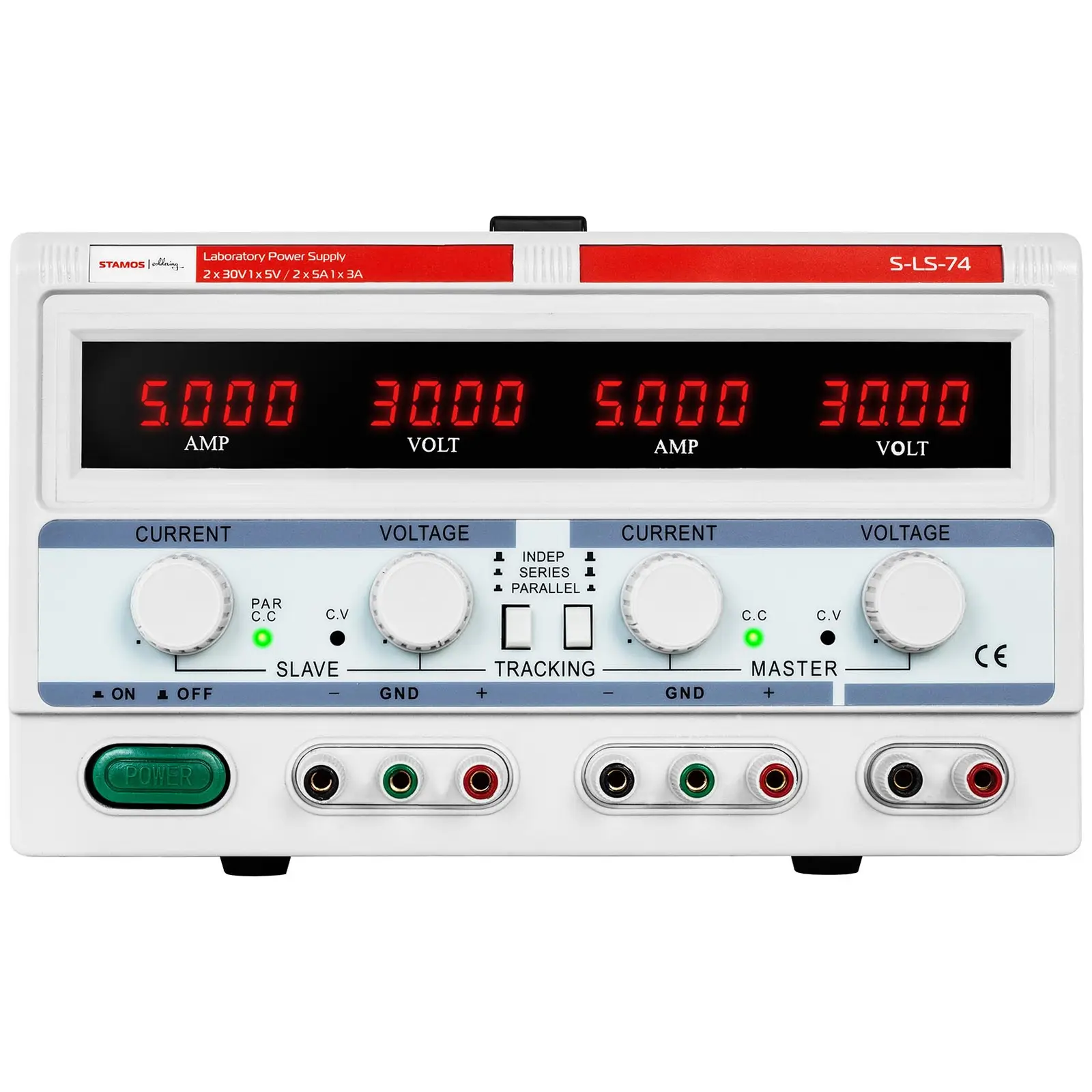 Laboratorní napájecí zdroj - 2 x 0-30 V/0-5 A DC - 1 x 5 V/3 A - 300 W (Typ: Transformátor)