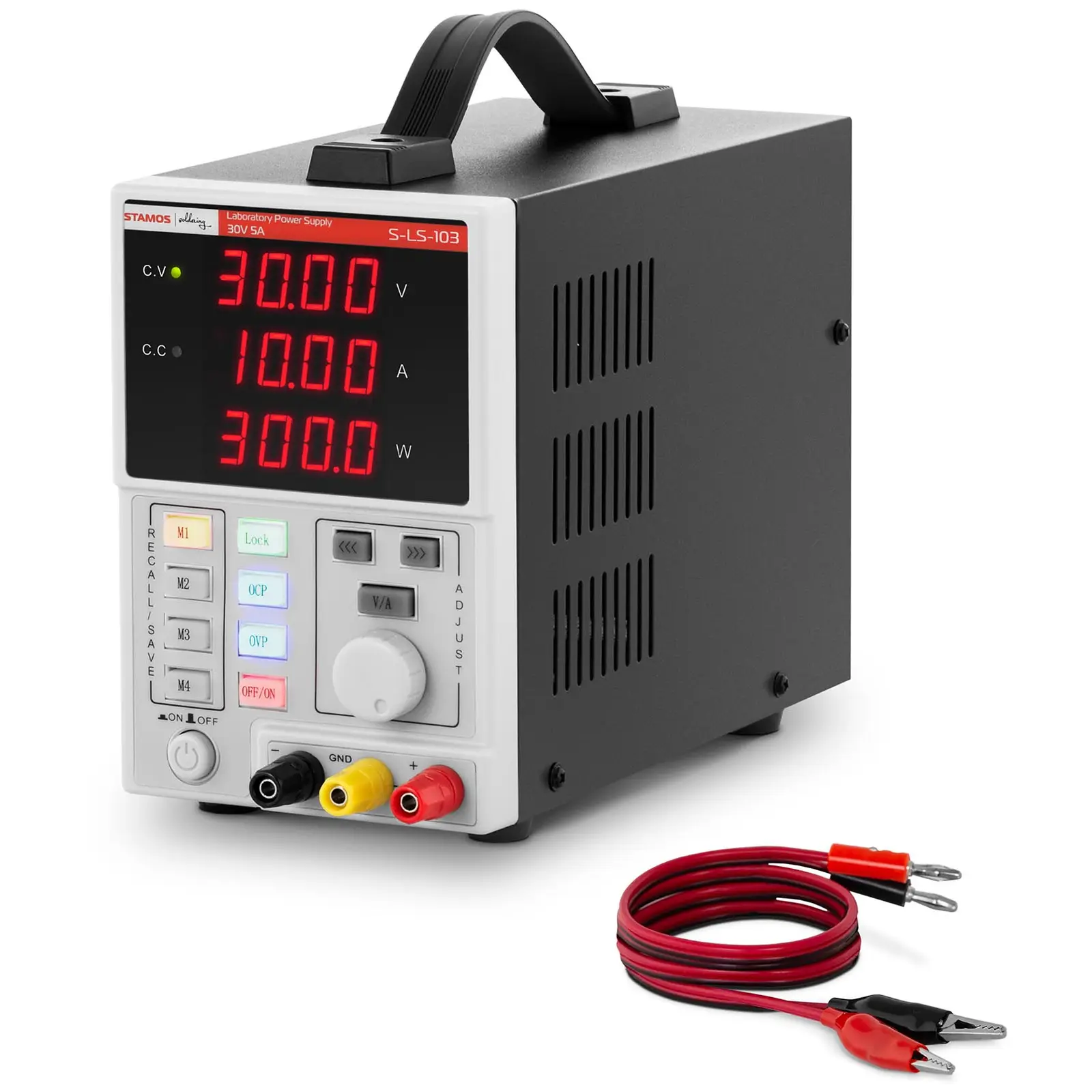 Strømforsyning laboratorie - 0 - 30 V - 0 - 10 A DC - 300 W - 4 minneplasser - 4-sifret LED display