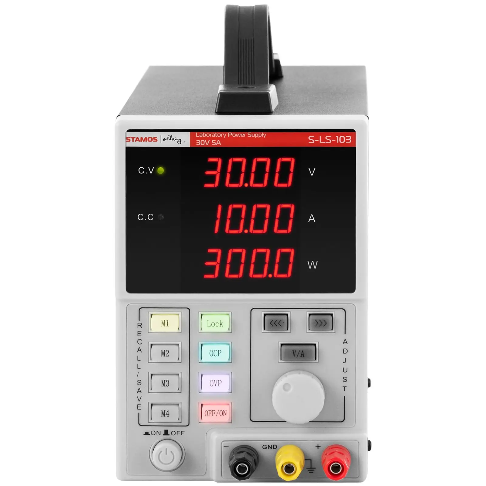 Laboratorní zdroj - 0–30 V - 0–10 A DC - 300 W - 4 paměťová místa - 4místní LED displej (Izolační odpor: 100 MΩ)