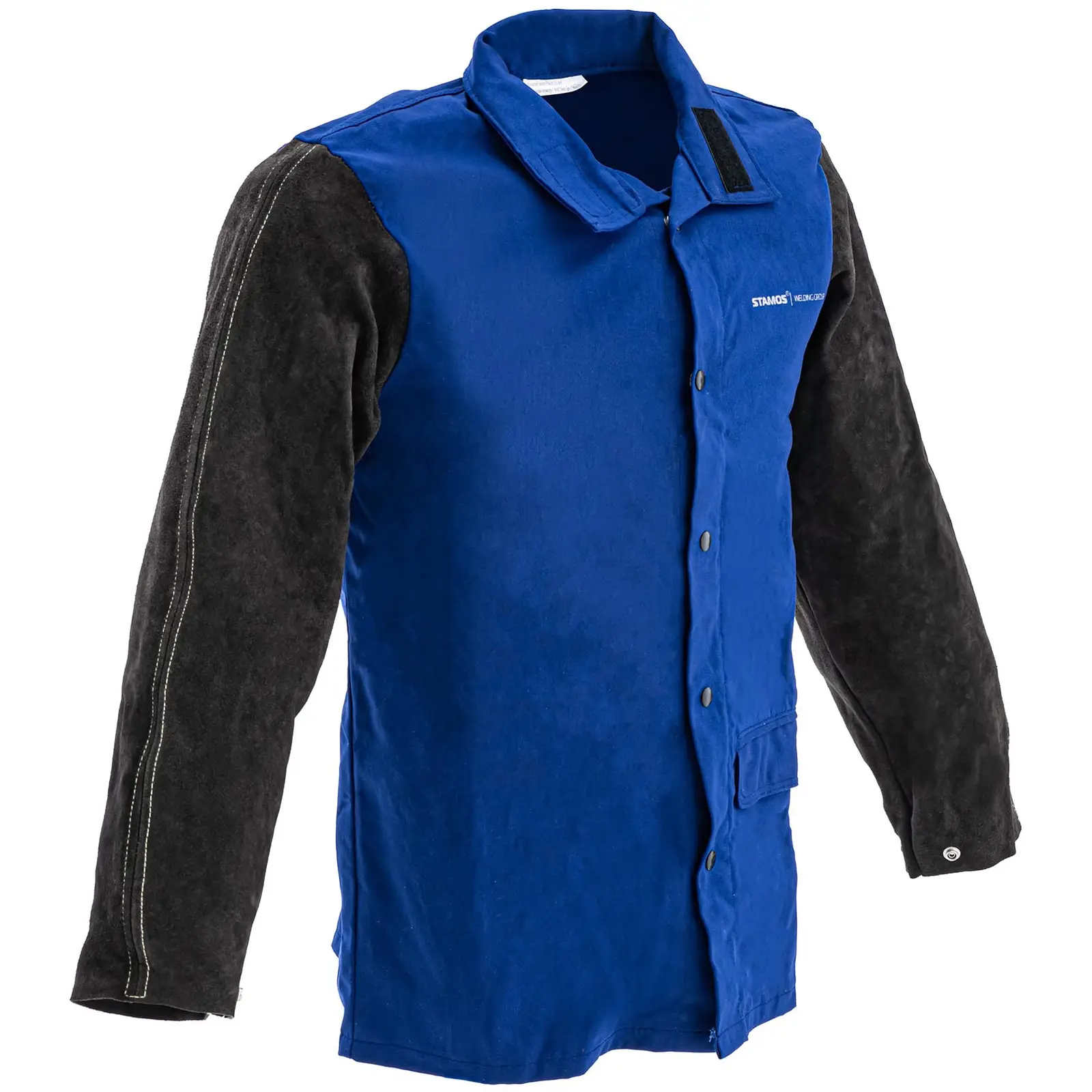 Katoensatijn / rundsplitlederen lasjas - maat XL - zwart / blauw