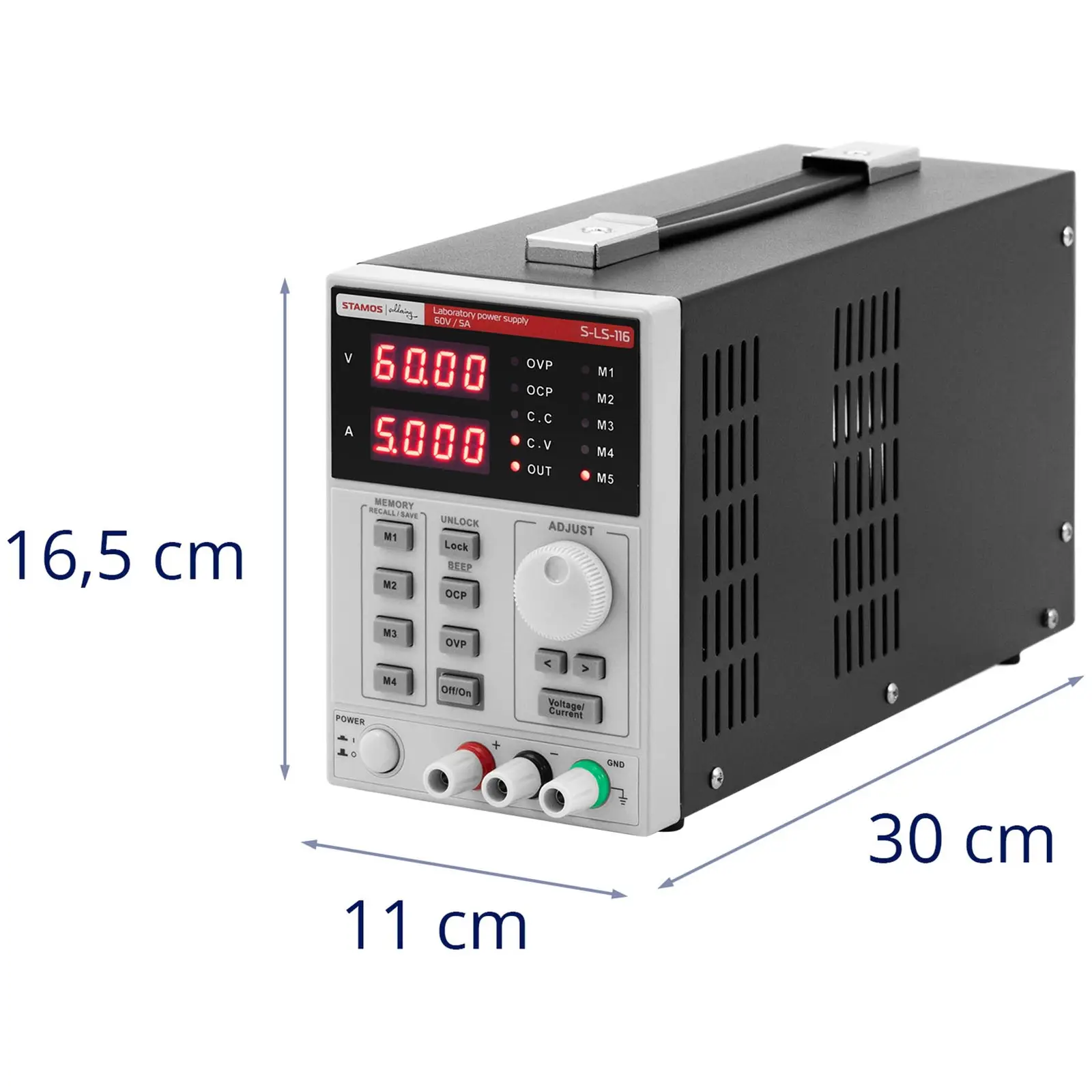 Laboratorieaggregat - 0 - 60 V - 0 - 5 A DC - 300 W - 5 minnesplatser - 1 display - USB/RS232