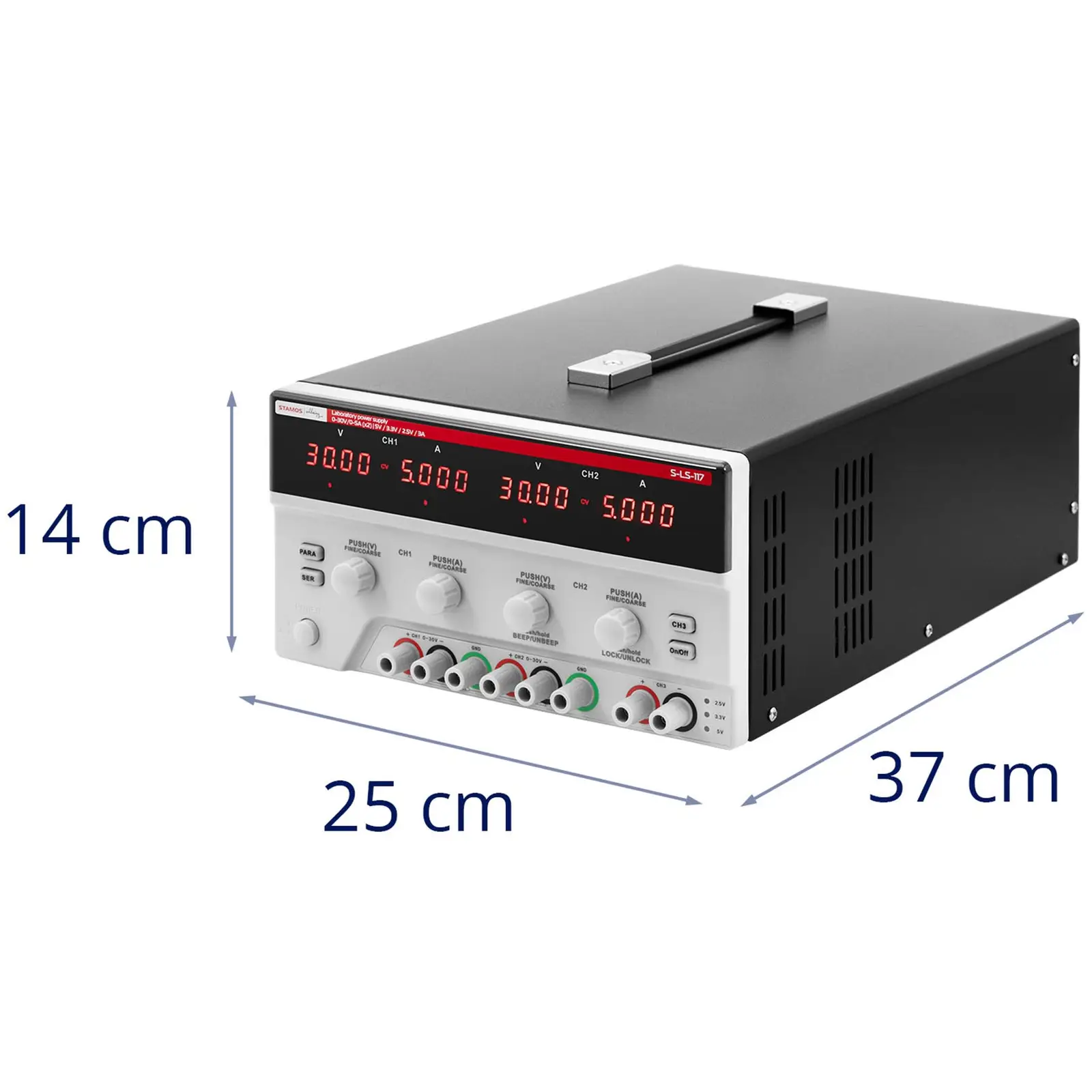 Laboratorieaggregat - 0 - 30 V - 0 - 5 A DC - 2x150 W - 5 minnesplatser - 1 display - USB/RS232/LAN