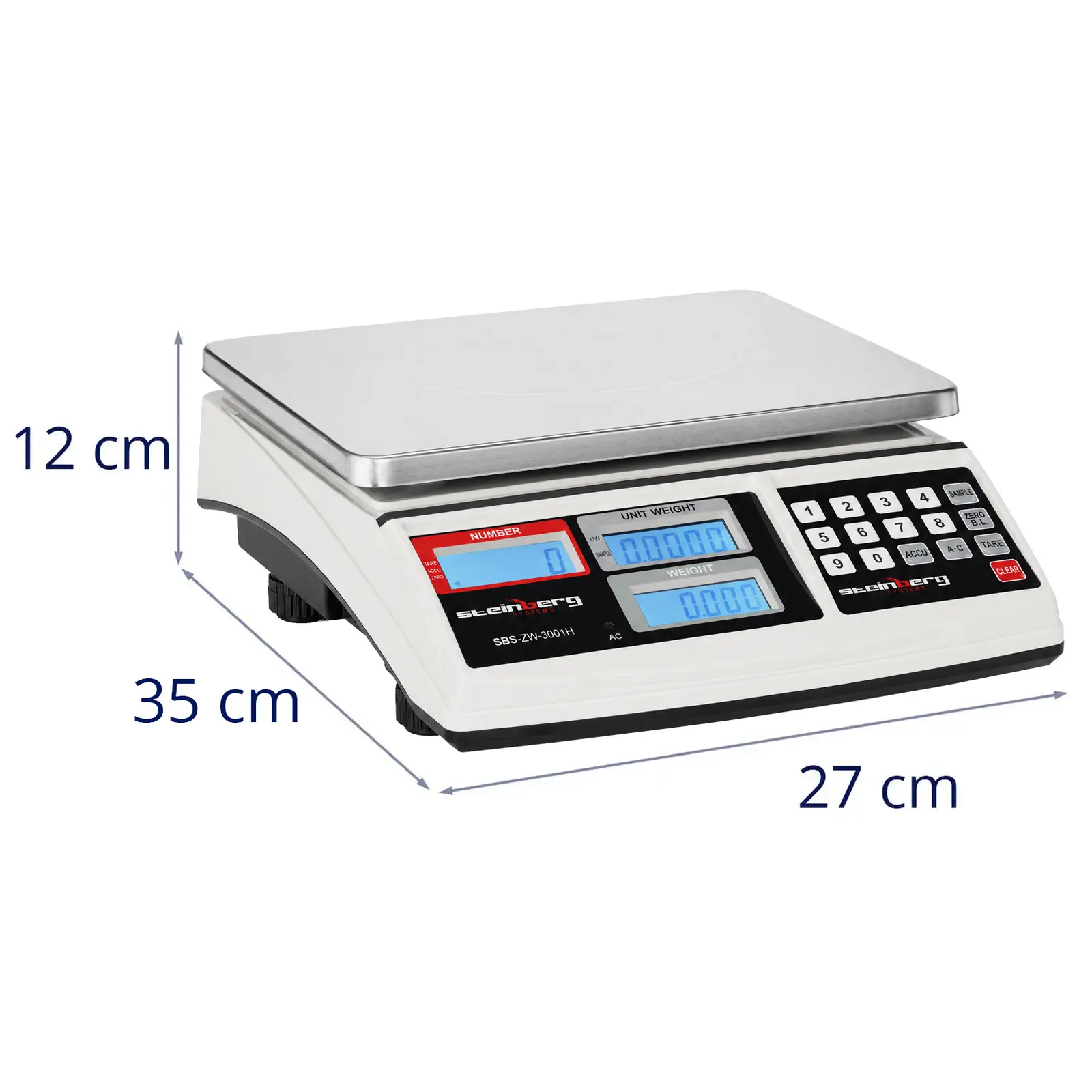 Tællevægt - 30 kg / 1 g - 21 x 27 cm - 3 LCD (Tæl: Ja)