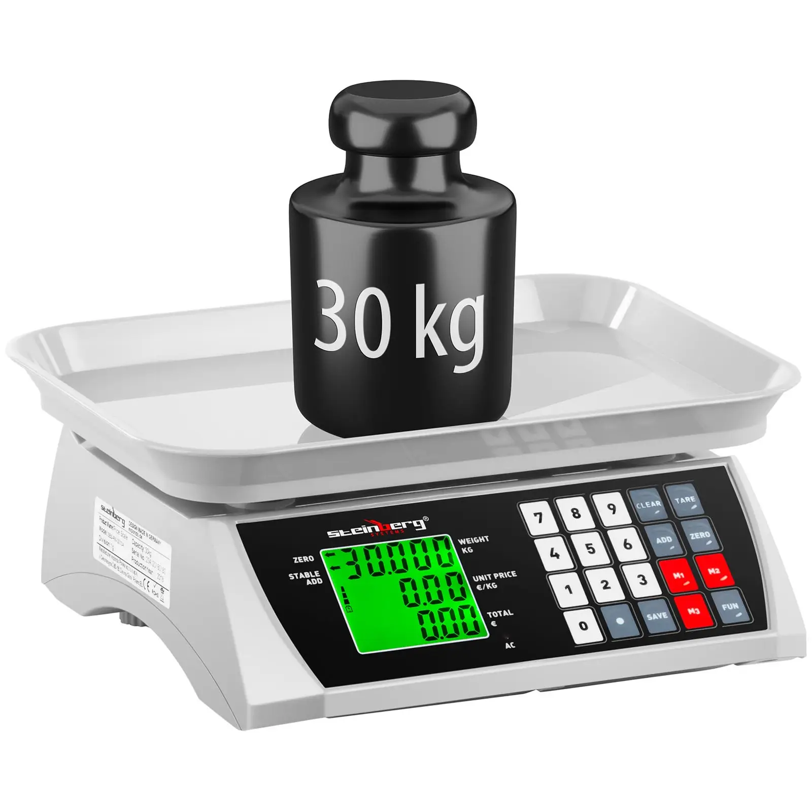 Butikkvekt – 30 kg / 1 g – 28,8 x 21,8 cm – 2 LCD