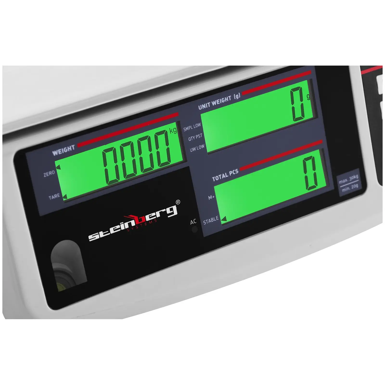 Počítací váha - 30 kg / 1 g - 30,5 x 20 cm - 72 h baterie - 3 LCD (Přesnost: 0.001 kg)