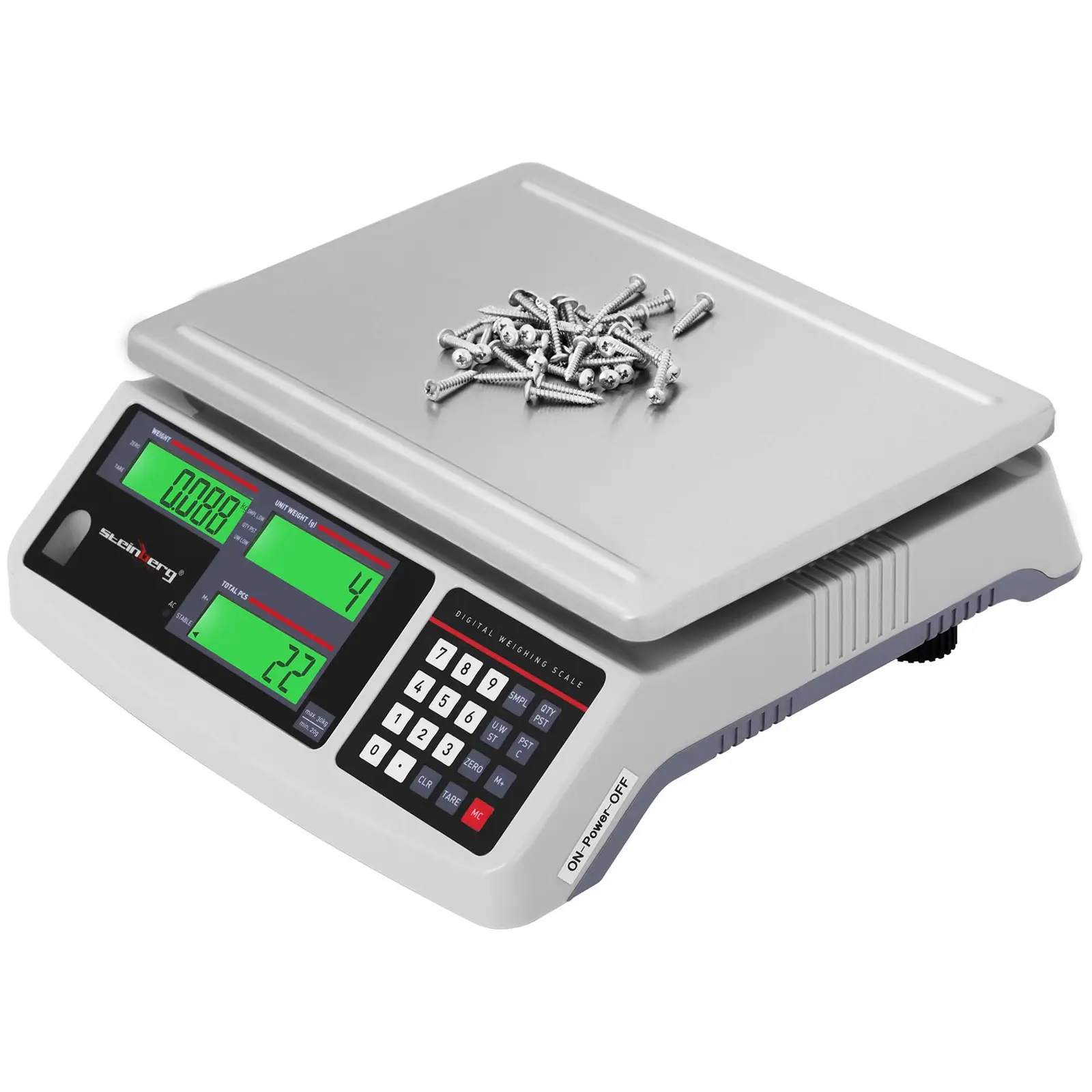 Počítací váha - 30 kg / 1 g - 30,5 x 20 cm - 72 h baterie - 3 LCD (Ukládání: Ano)