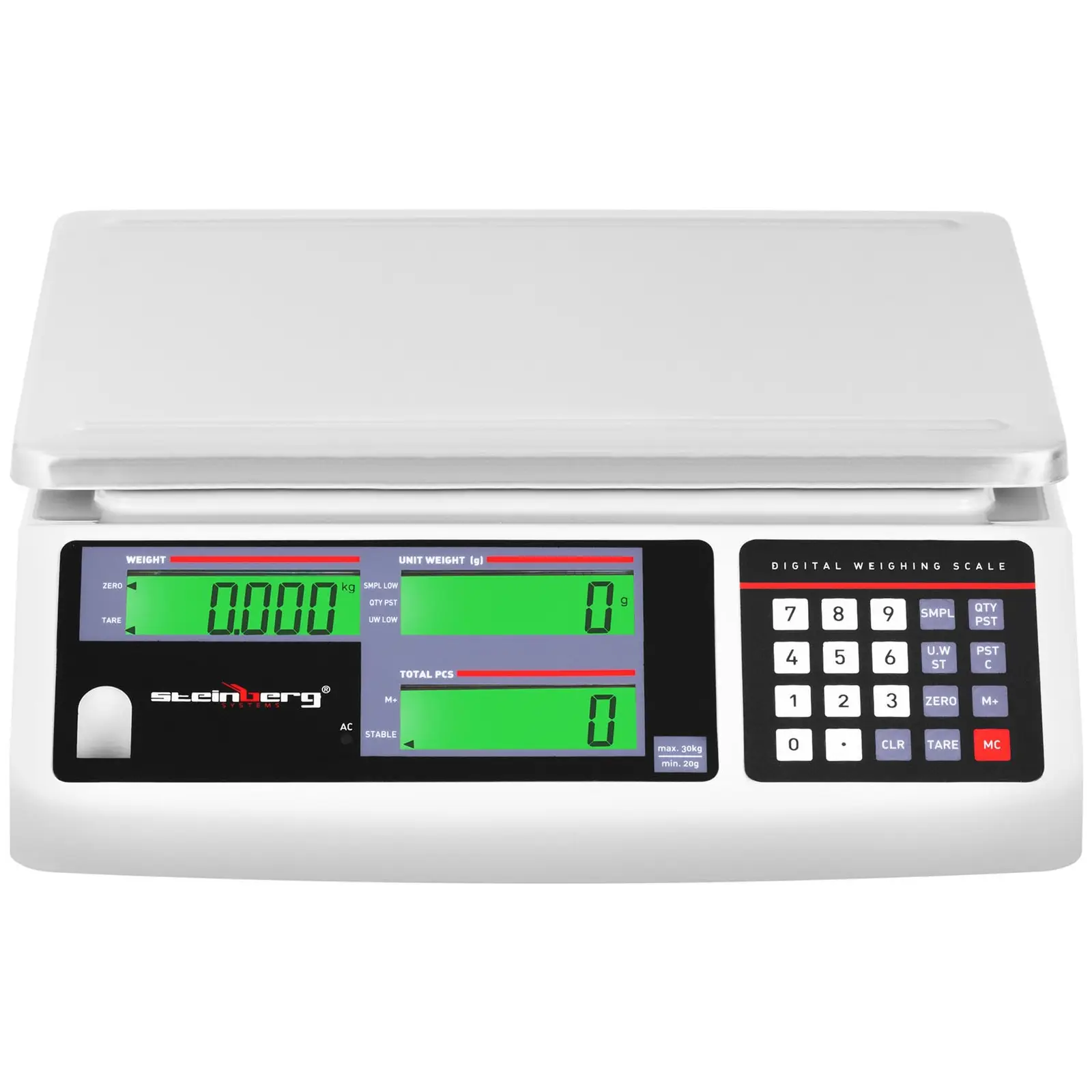 Počítací váha - 30 kg / 1 g - 30,5 x 20 cm - 72 h baterie - 3 LCD (Tárování: Ano)