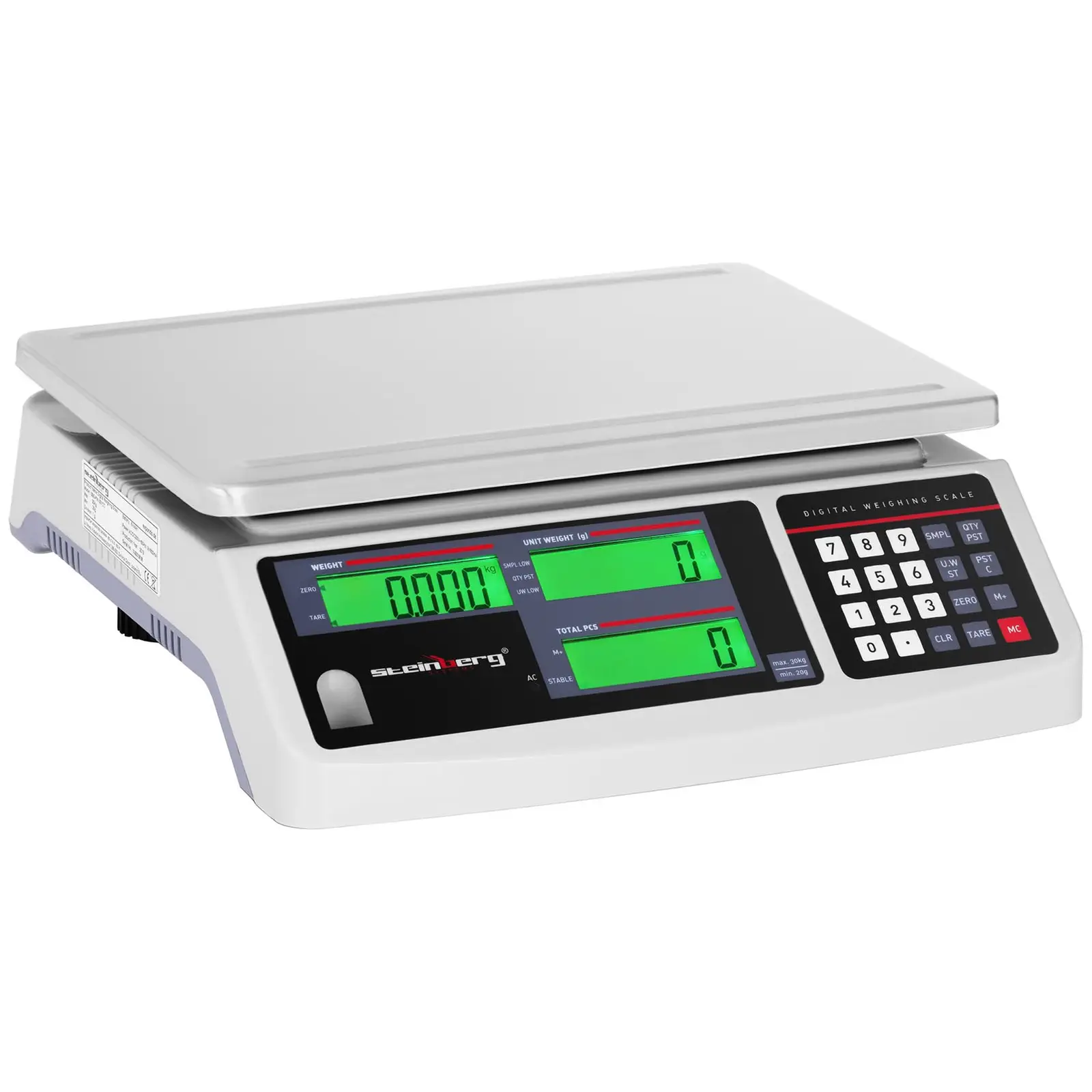Počítací váha - 30 kg / 1 g - 30,5 x 20 cm - 72 h baterie - 3 LCD (Minimální zatížení: 0.02 kg)