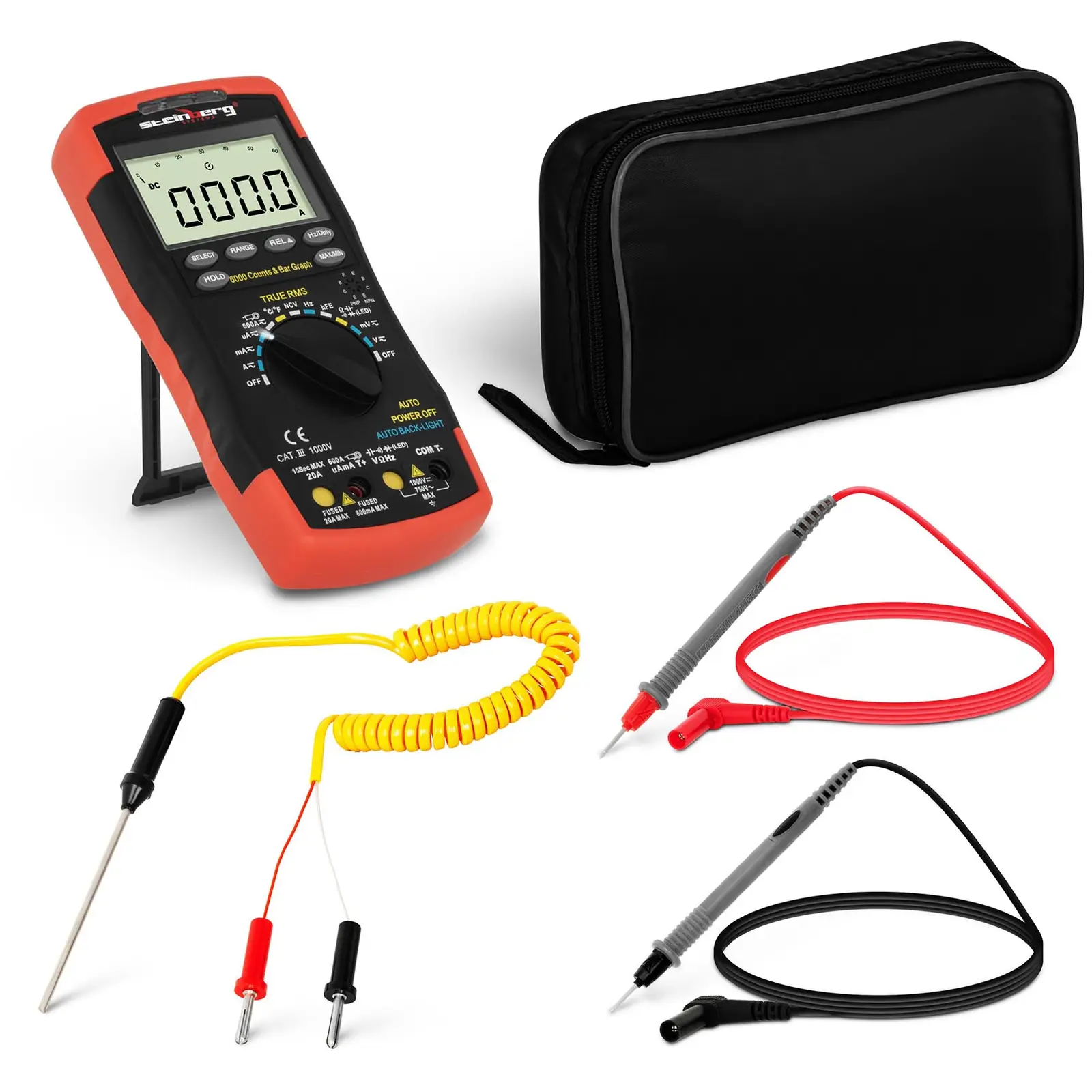 Multimètre - Capacité d’affichage de 6 000 valeurs - Test de transistor hFE - Détection sans contact de la tension (NCV) - Mesure de température - TrueRMS - Bargraphe