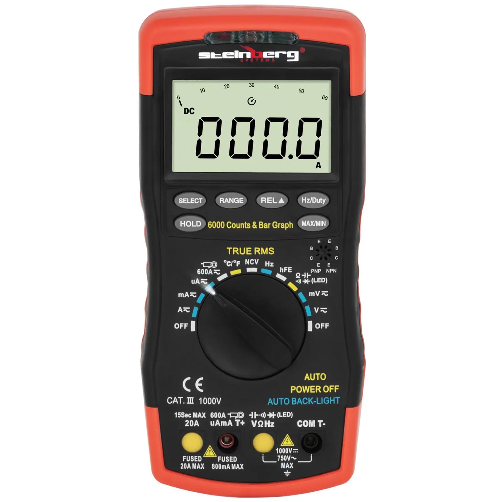 Multimètre - Capacité d’affichage de 6 000 valeurs - Test de transistor hFE - Détection sans contact de la tension (NCV) - Mesure de température - TrueRMS - Bargraphe (True RMS: Oui)
