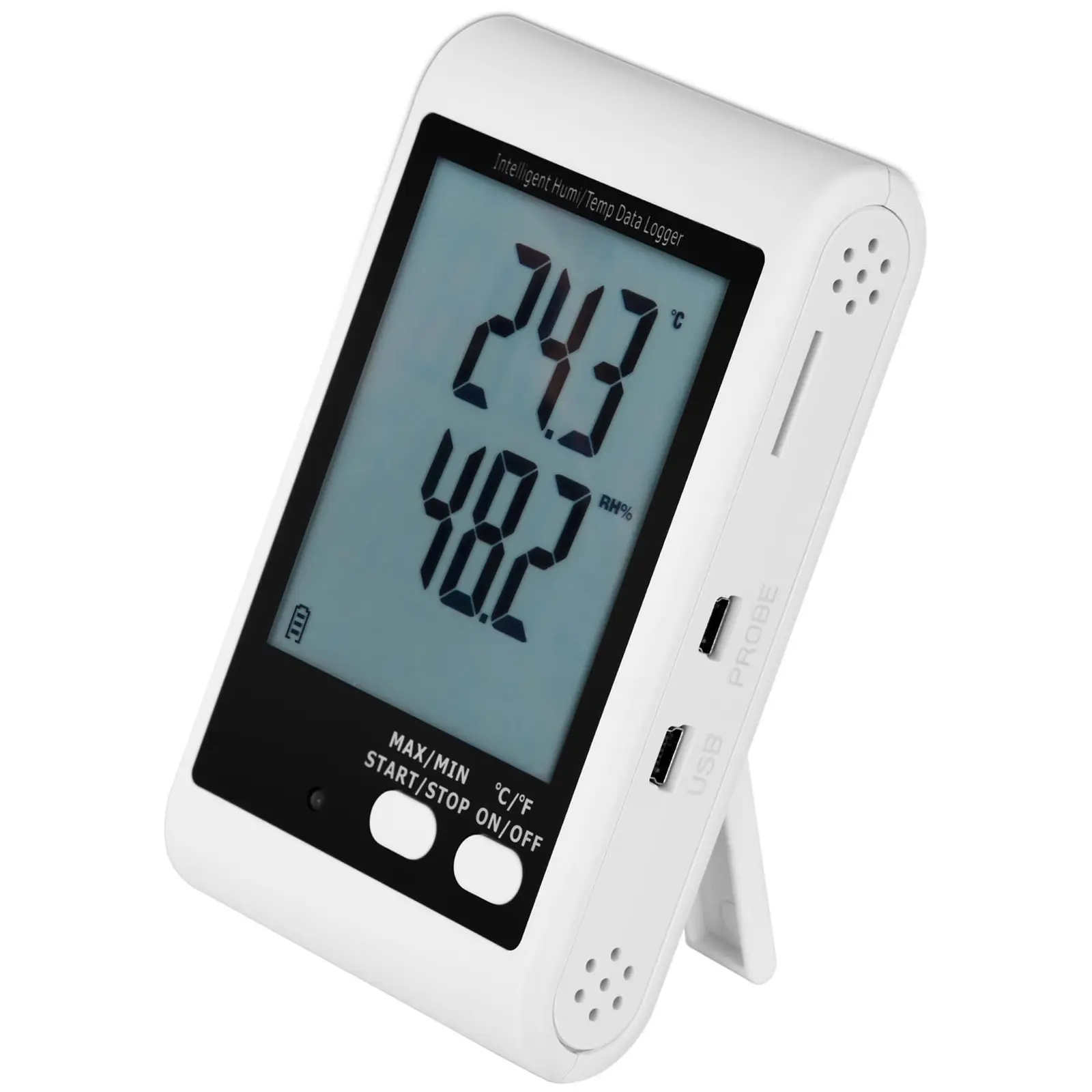 Datalogger teploty a vlhkosti - LCD - teplota -40 až +125 °C - relativní vlhkost 0 až 100 % - s externím čidlem (Počet baterií: 2)