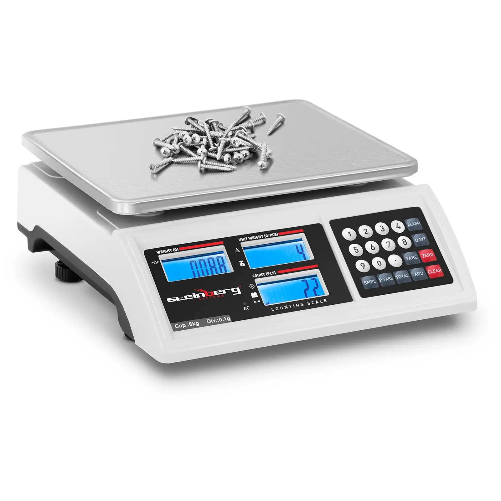 Zählwaage - 6 kg / 0,1 g - 22,8 x 28 cm - Akku 80 h - 3 LCD