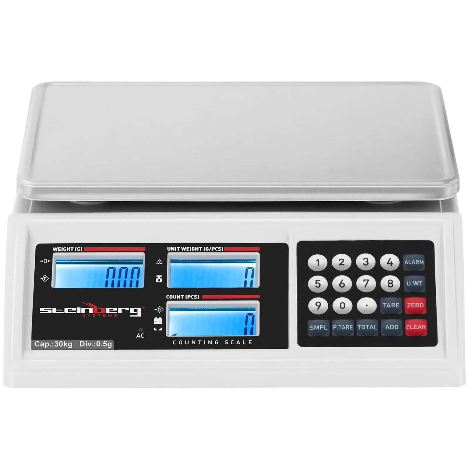 Bilancia contapezzi - 30 kg / 0,5 g - 22,8 x 28 cm - Batteria 80 h - 3 LCD - 6
