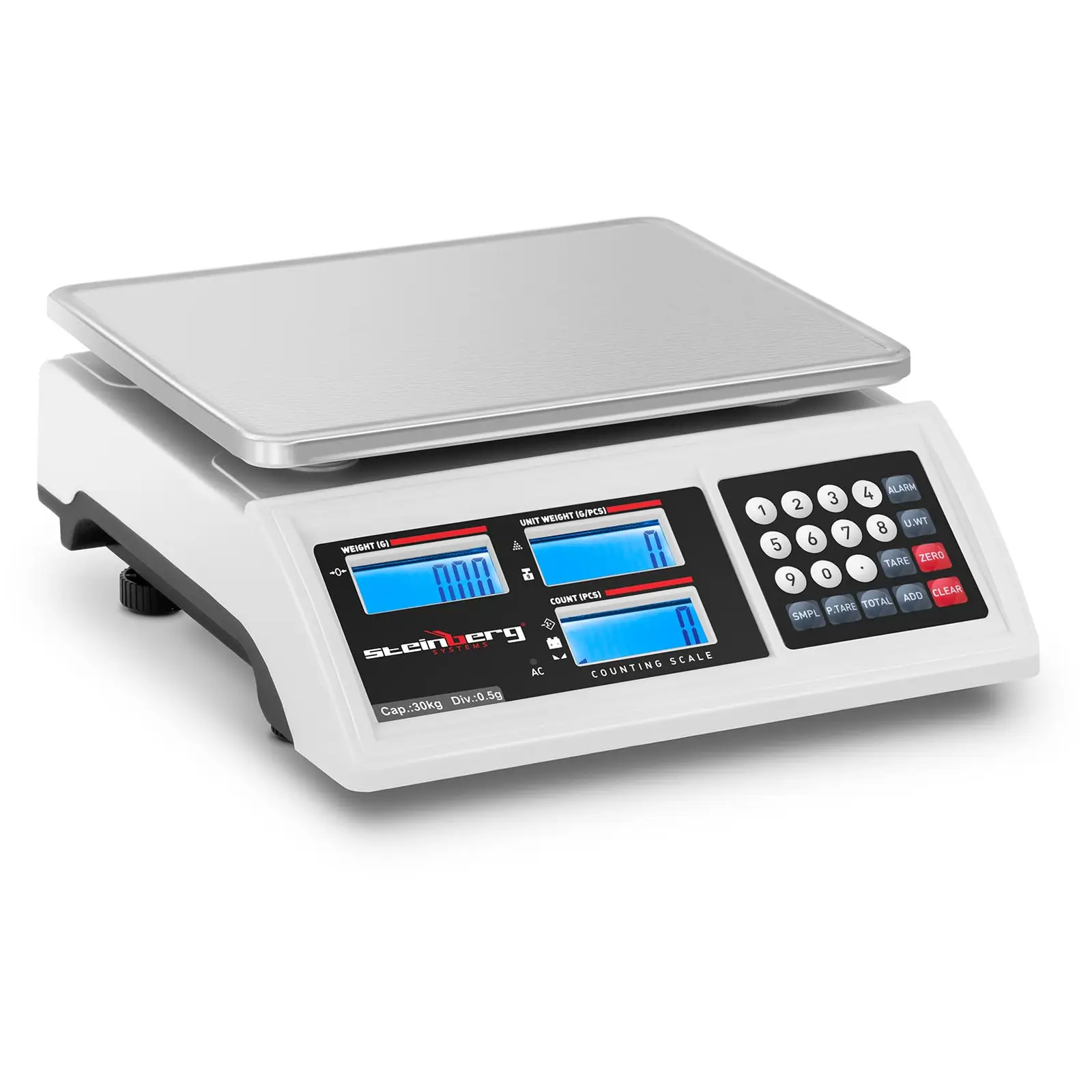 Bilancia contapezzi - 30 kg / 0,5 g - 22,8 x 28 cm - Batteria 80 h - 3 LCD - 7