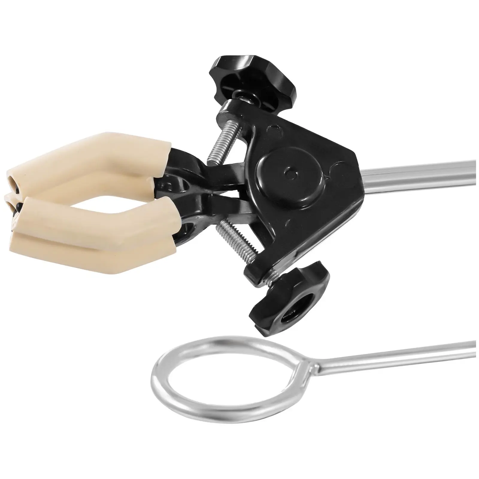 Support Métal Laboratoire Avec Pince Liège Et 2 Anneaux - Tige Inox 40.6cm - Base Bleue 20.3x14cm