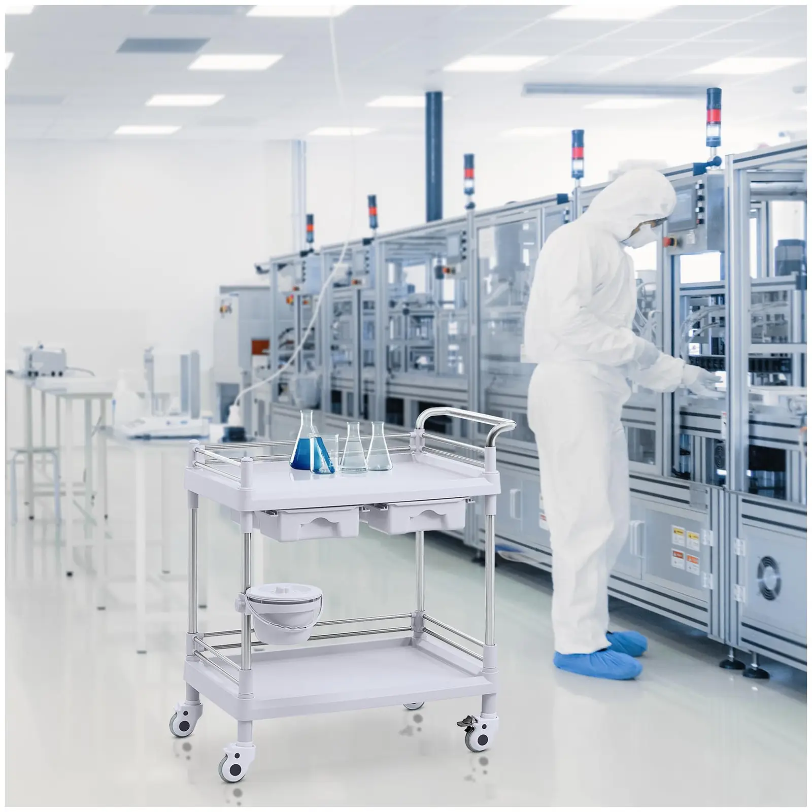 Cărucior de laborator - 2 rafturi fiecare 65 x 46 x 14 cm - 2 sertare - 40 kg (Număr de sertare: 2)