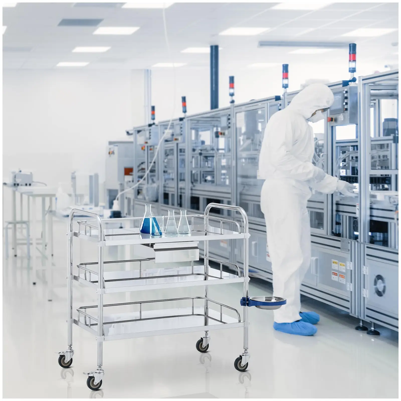 Laborwagen - Edelstahl - 3 Ablagen je 74 x 44 x 13 cm - 1 Schublade - 60 kg (Anzahl Schubladen: 1)